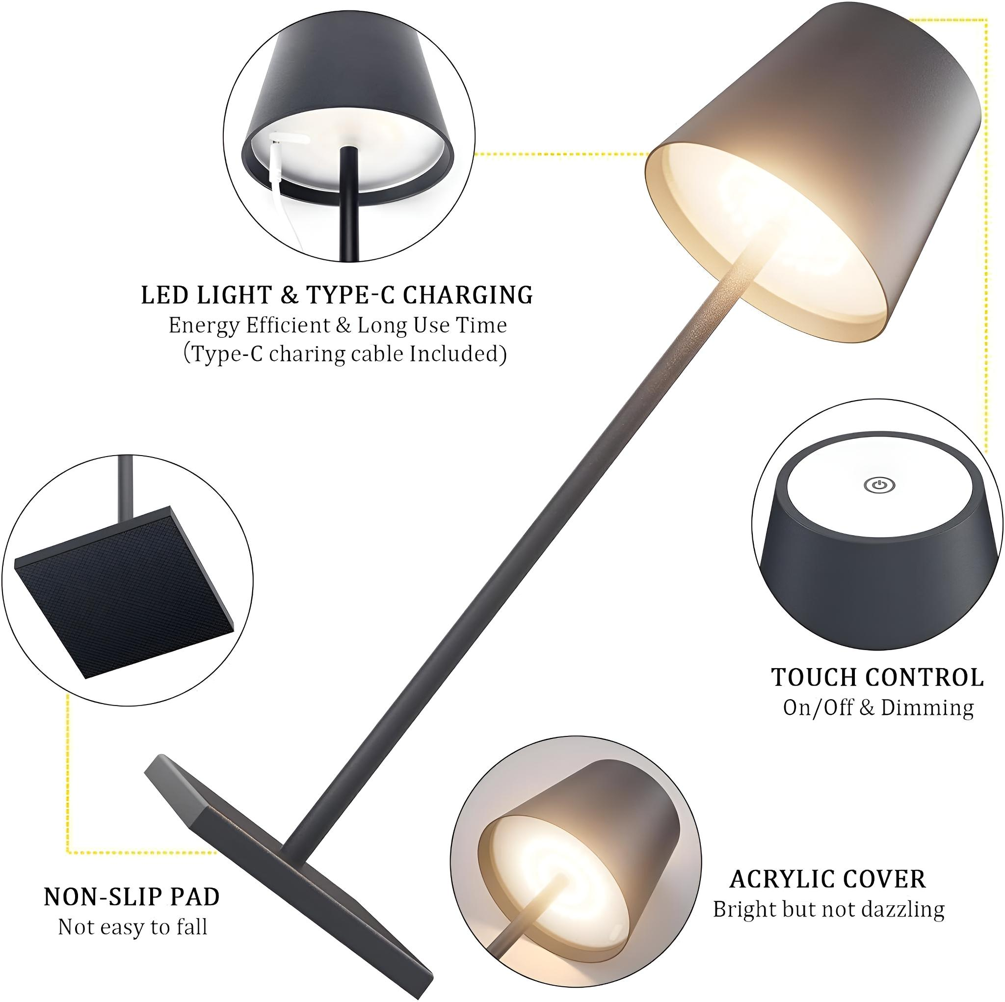 Schwarze Lampe mit Touch-Steuerung, rutschfestem Pad und Acryl-Abdeckung, mit LED-Licht und Typ-C-Laden.