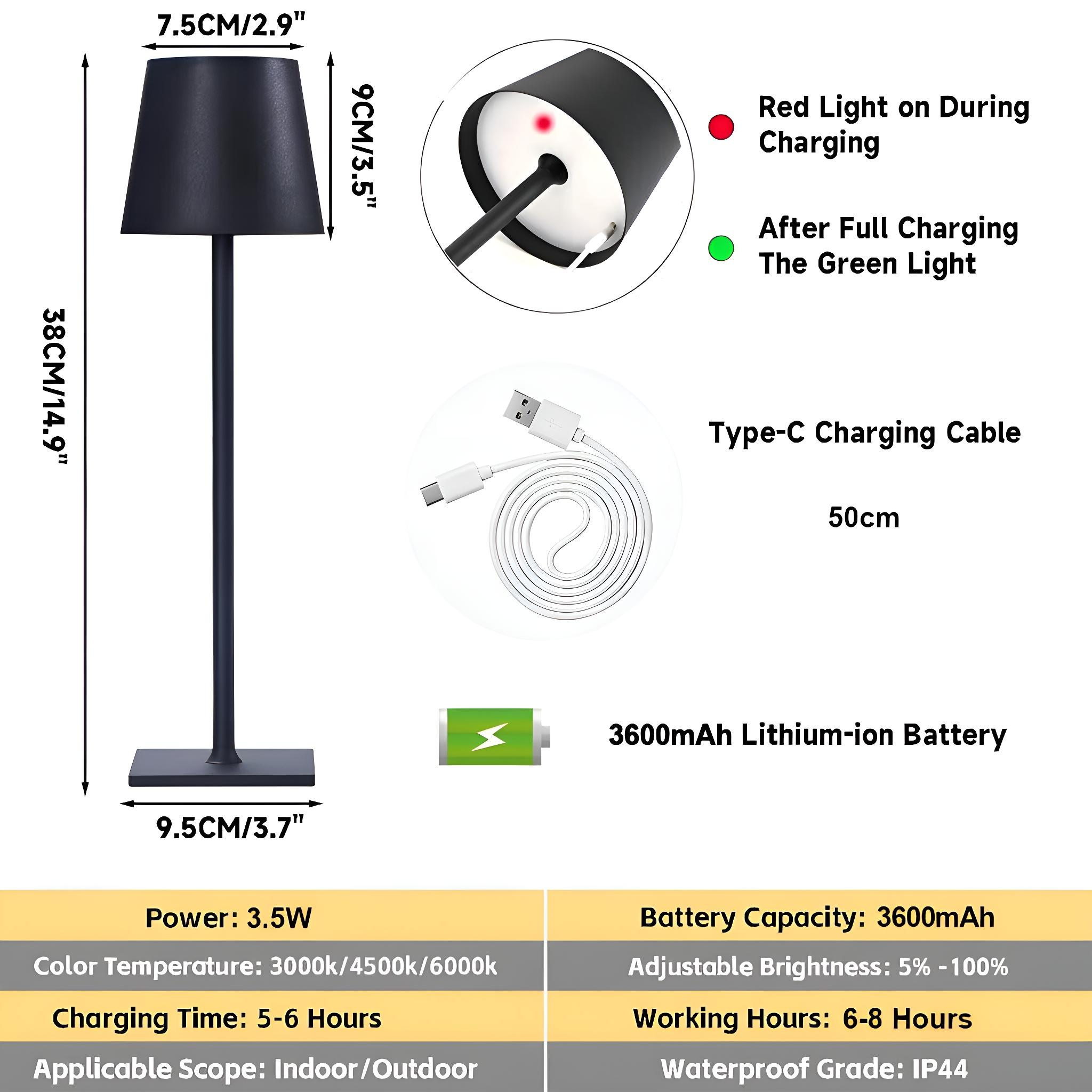 Schwarze Lampe mit Abmessungen und Informationen an der Seite. Ein Ladekabel wird ebenfalls präsentiert. Weißer Hintergrund.