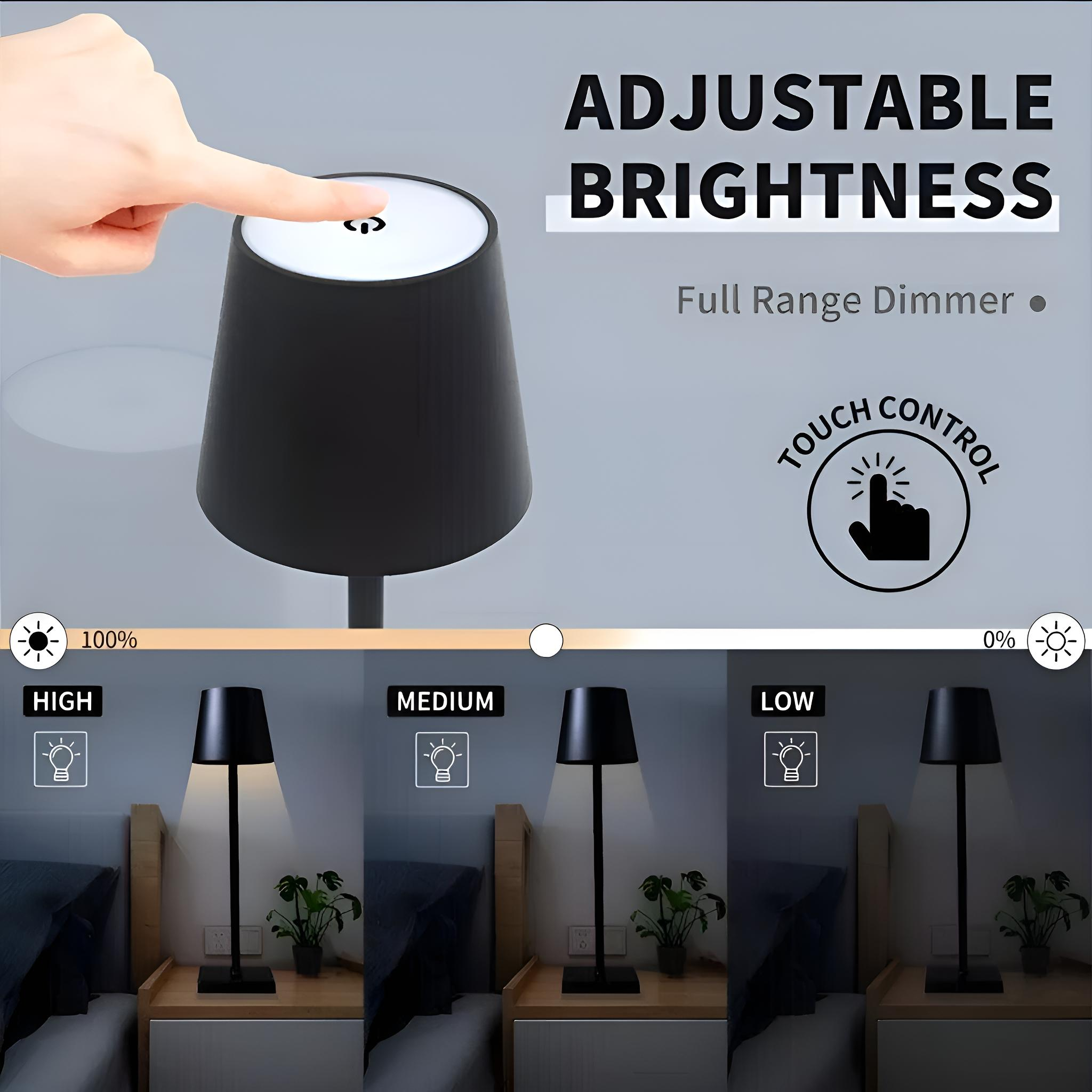Schwarze Lampe mit Touch-Steuerung und einstellbarer Helligkeit. Der Hintergrund ist weiß.