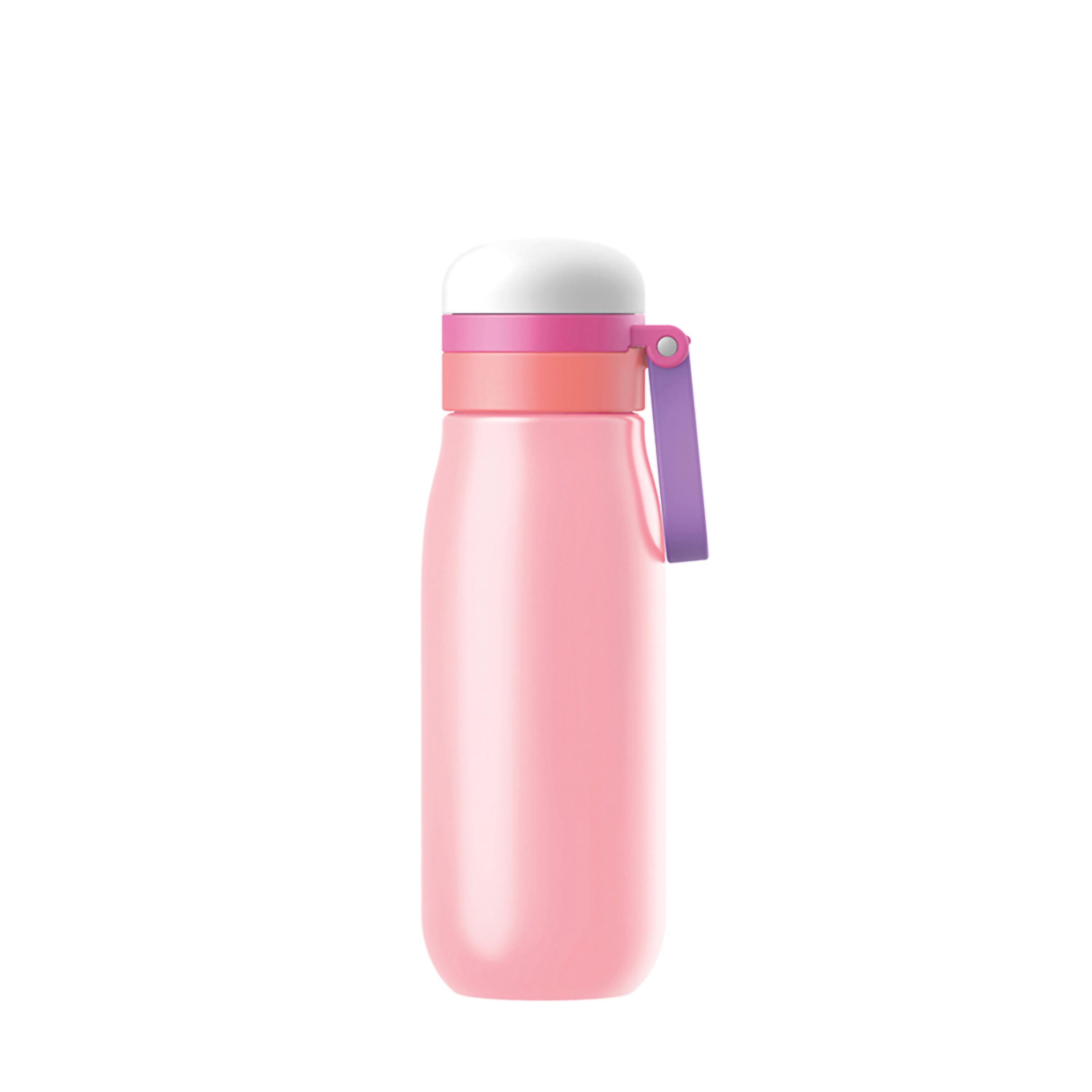 Rosa Wasserflasche mit weißem Deckel, pinken und lila Akzenten und einem Griff.