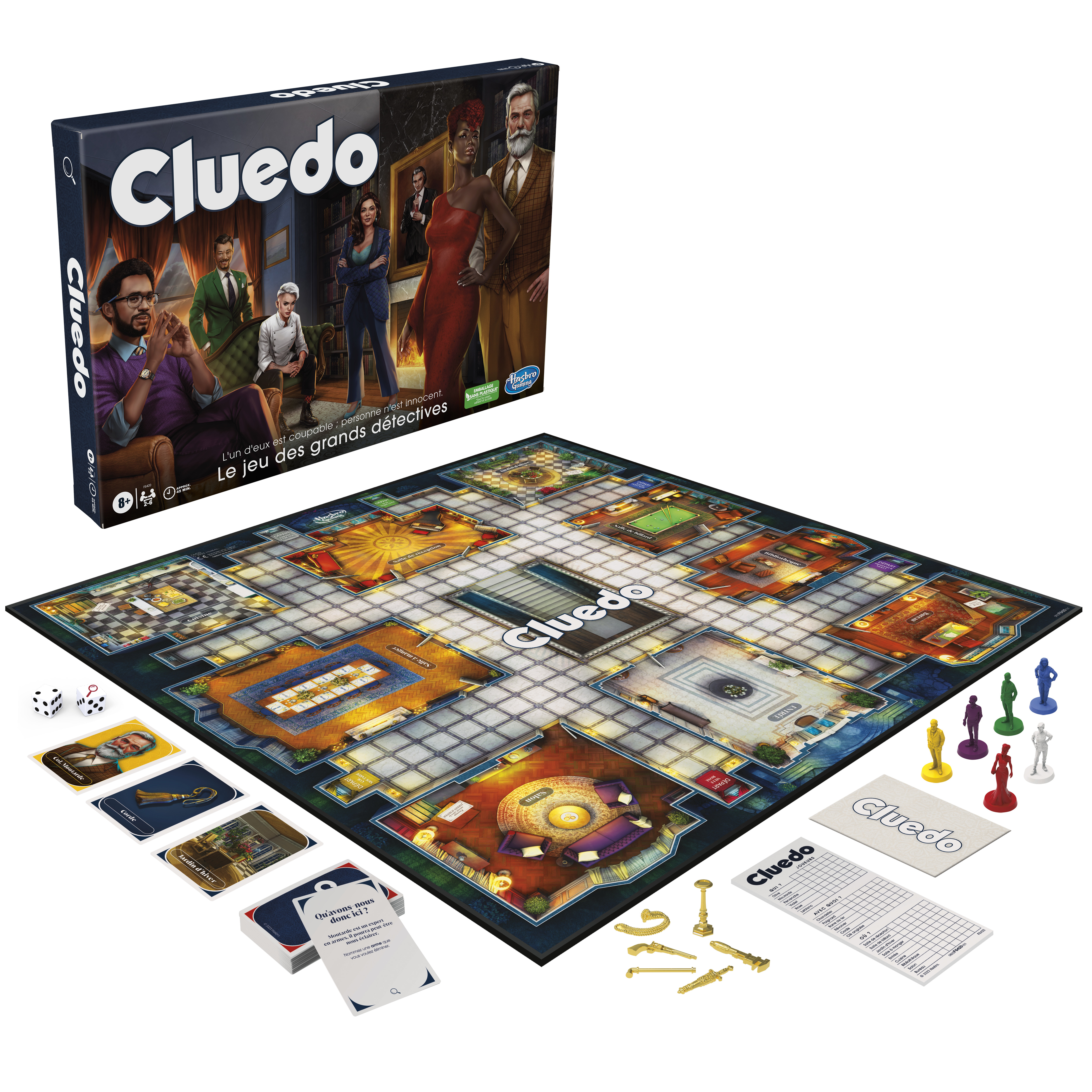 Pudełko i elementy gry planszowej Cluedo, w tym plansza, karty, kostki i figurki.
