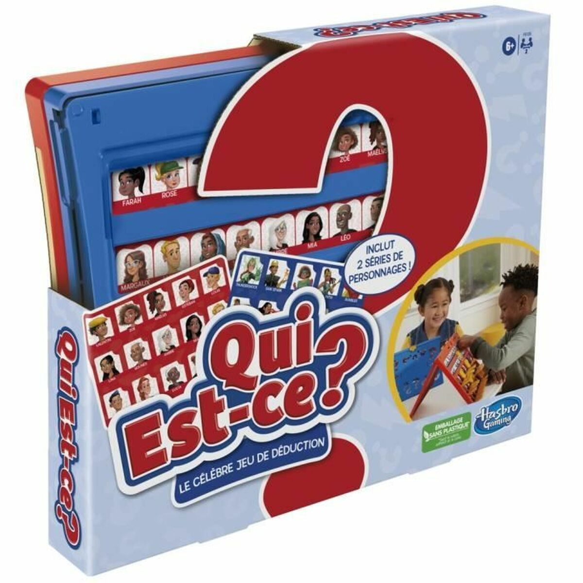 Doos van het bordspel 'Qui Est-ce?'. Toont spelstukken, personages en spelende kinderen.