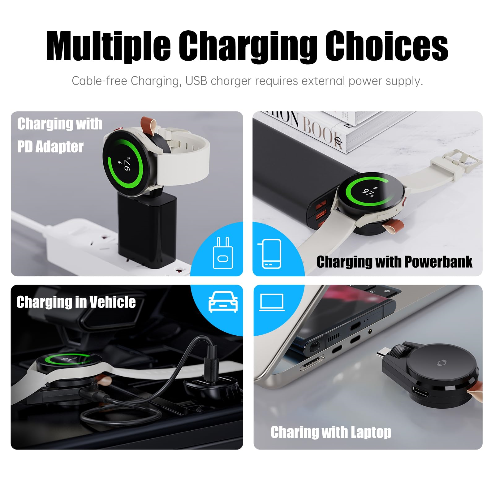 Bilder mit mehreren Lademöglichkeiten für eine Smartwatch: PD-Adapter, Powerbank, Fahrzeug und Laptop.