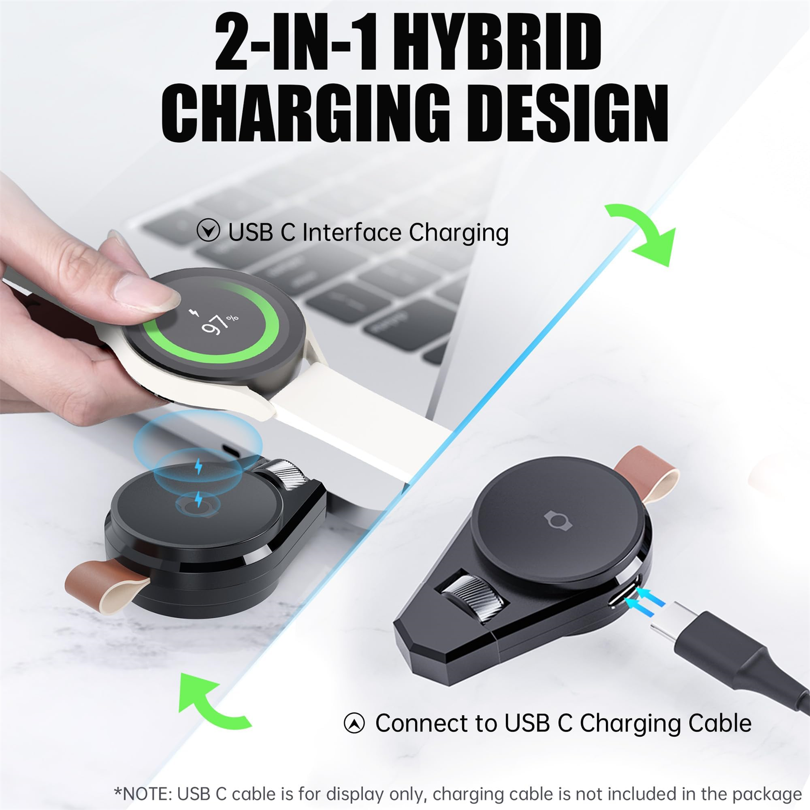 Smartwatch-Ladedesign mit USB-C-Schnittstelle, einschließlich Smartwatch, Ladestation und USB-C-Kabel.