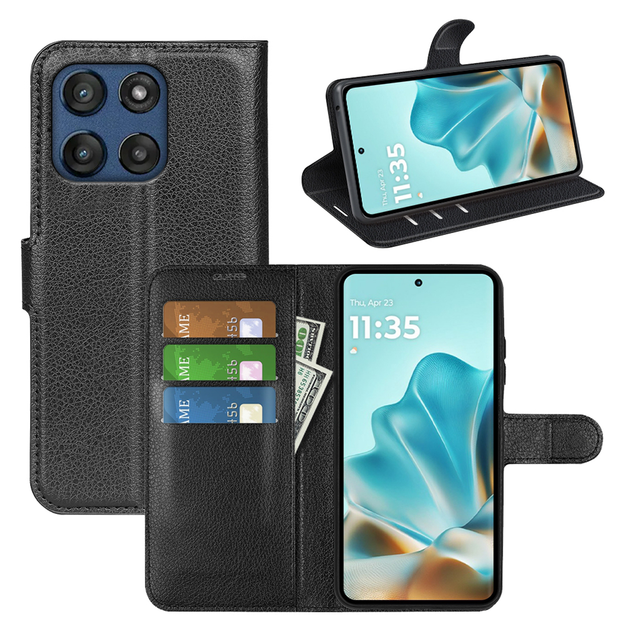 Étui de téléphone noir avec fentes pour cartes, espèces et téléphone affiché ; texture semblable au cuir et fermeture sécurisée.