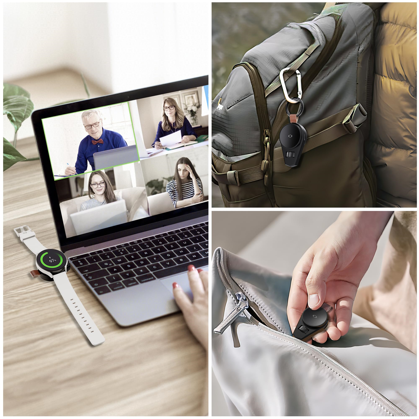 Bilder zeigen eine Smartwatch in verschiedenen Kontexten: Videoanruf, am Rucksack und in der Tasche.