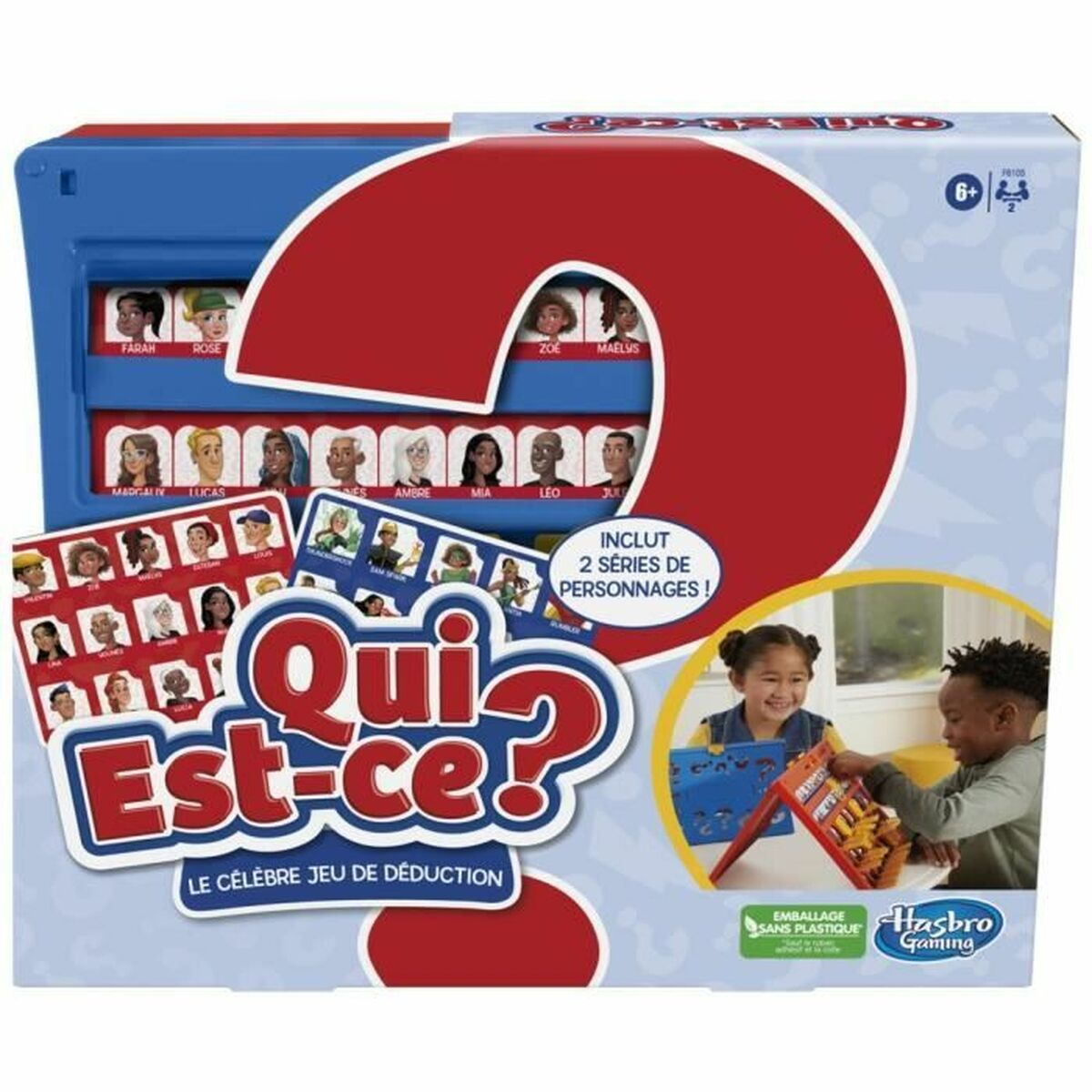 Twee 'Wie is het?' spelborden. Rood en blauw, met personagekaarten en gele schuifjes.