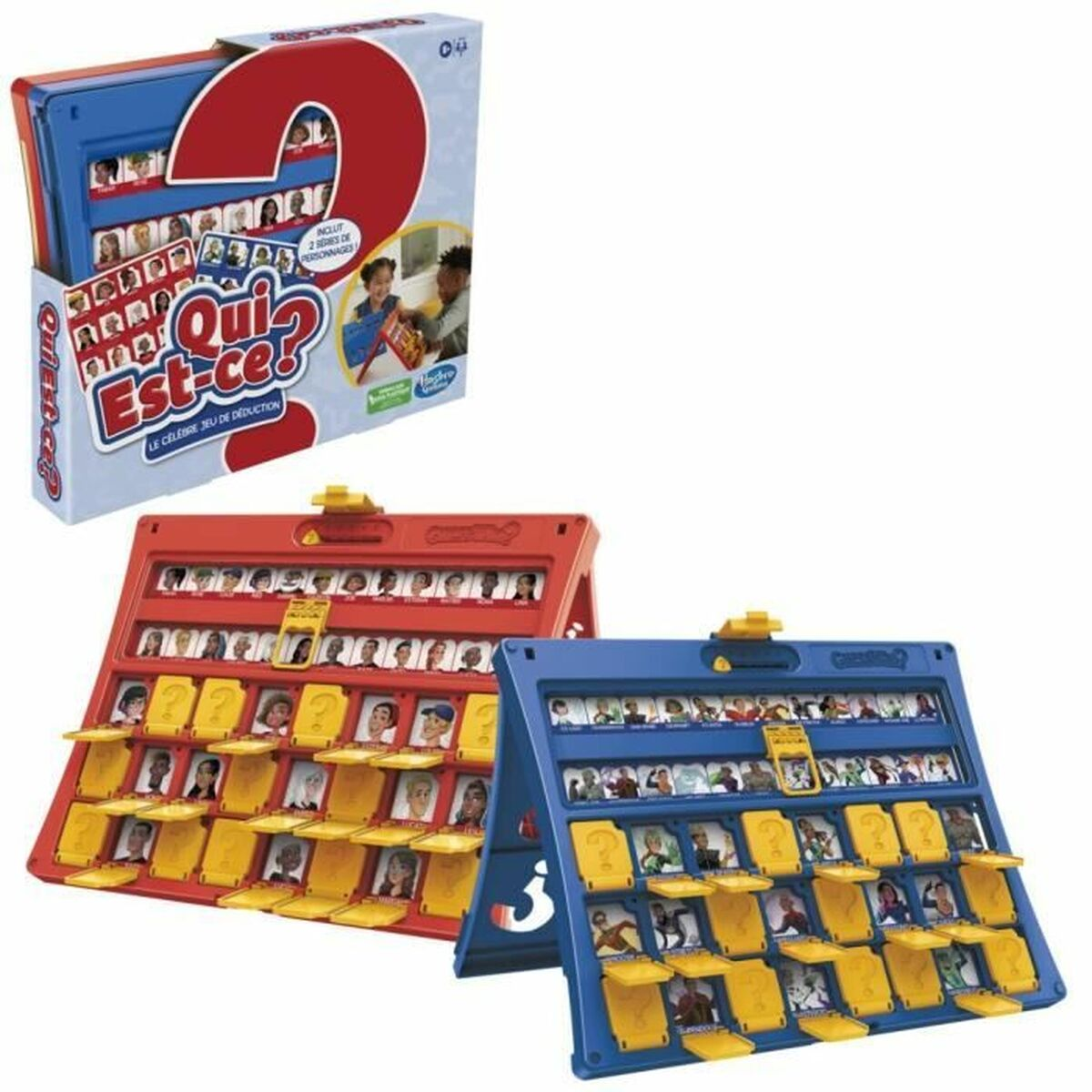 Doos en spelborden voor 'Qui Est-ce?' spel, met karakterafbeeldingen.