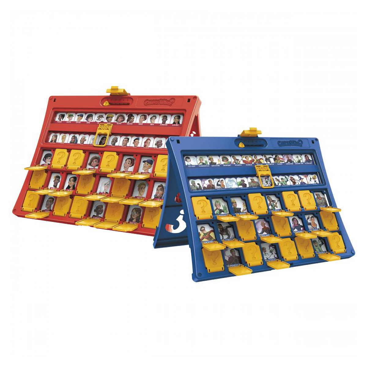 Twee 'Wie is het?' spelborden. Rood en blauw, met personagekaarten en gele schuifjes.