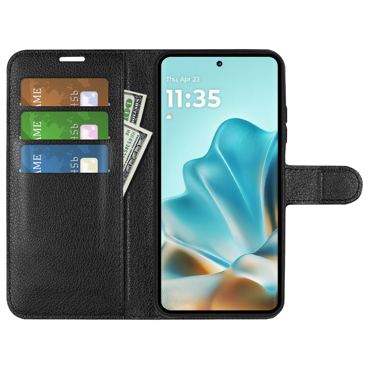 Étui de téléphone noir ouvert avec fentes pour cartes, espèces et téléphone ; texture semblable au cuir et fermeture sécurisée.