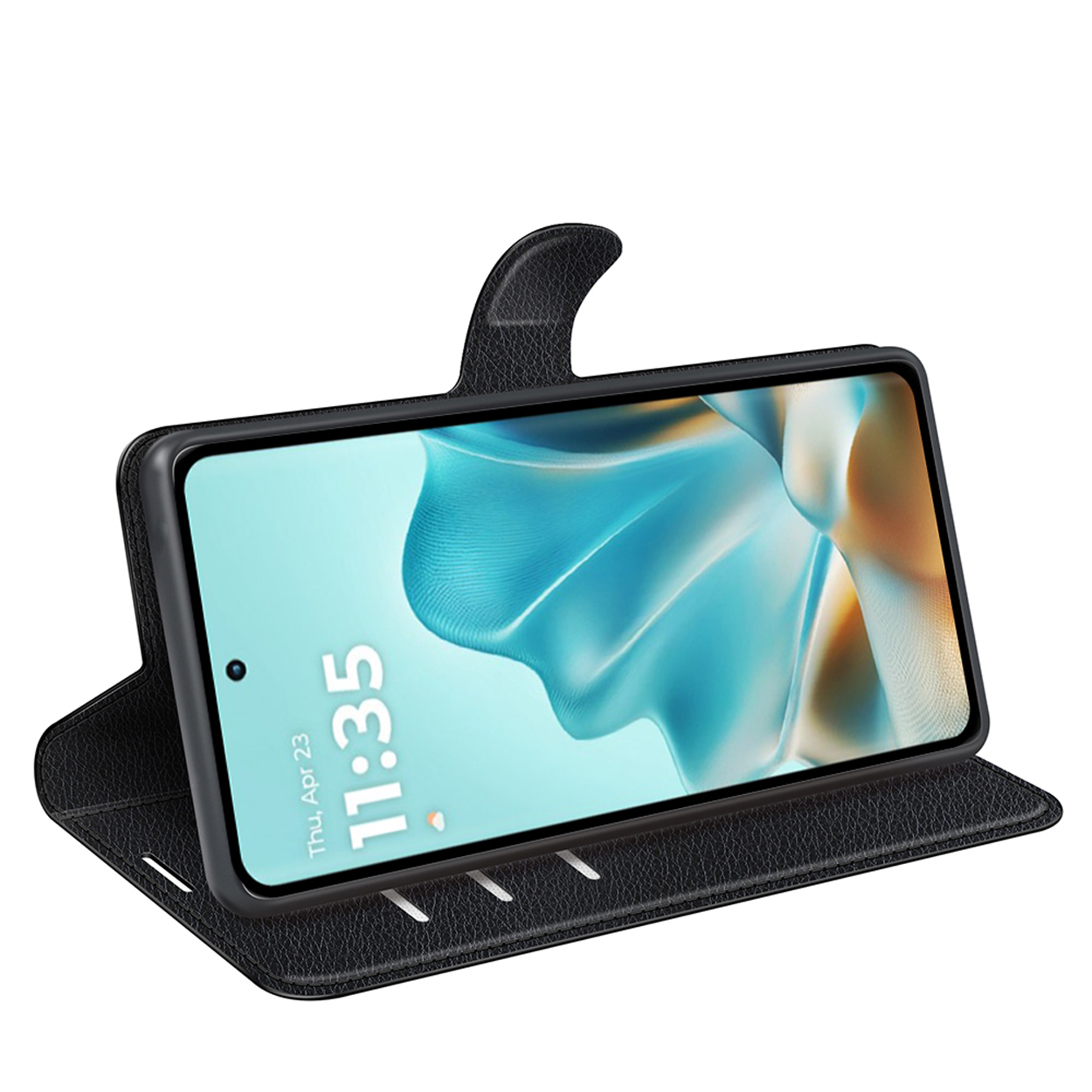 Étui de téléphone en cuir noir, téléphone à l'écran, affichant l'heure.