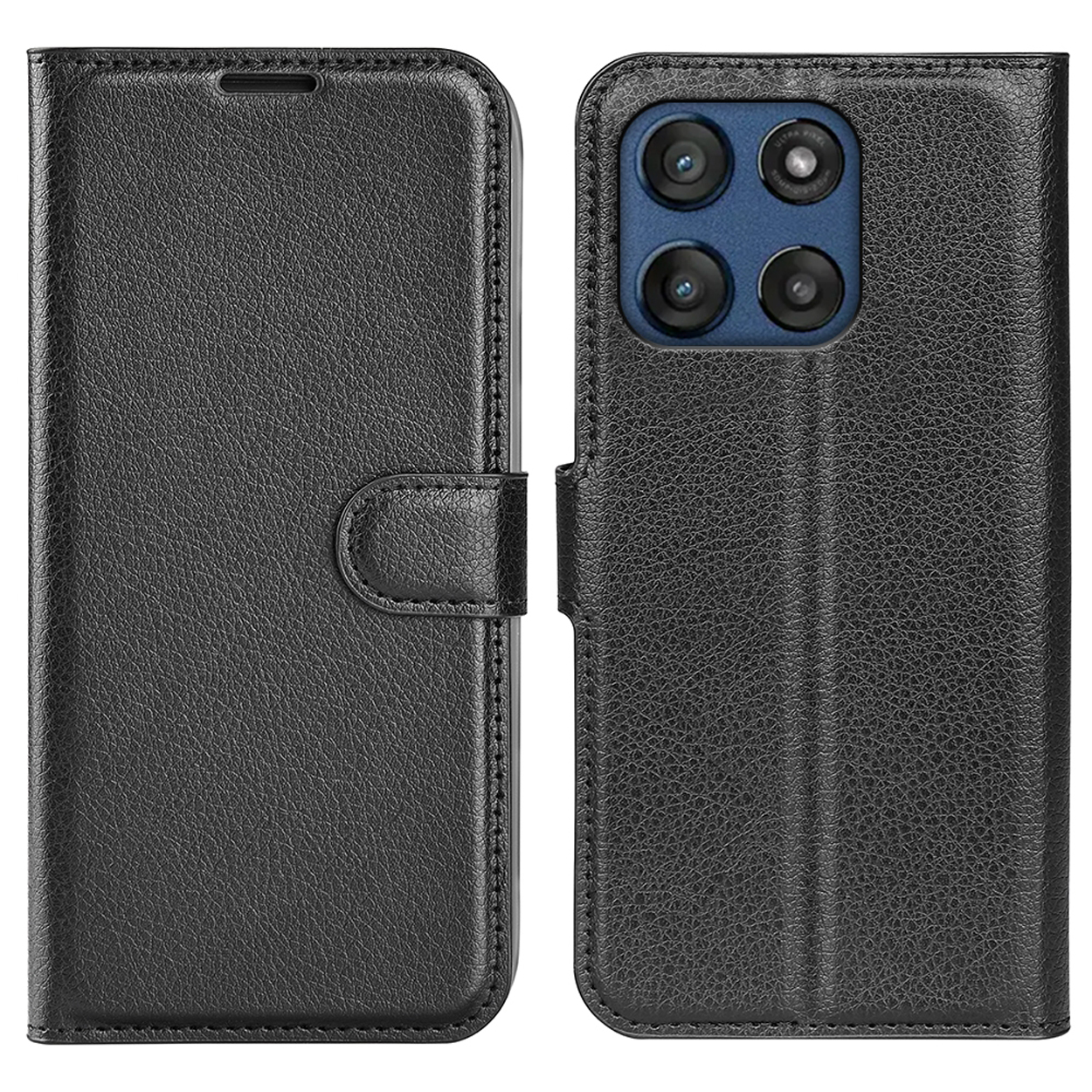 Étui de téléphone noir fermé, montrant l'étui fermé et le dos.