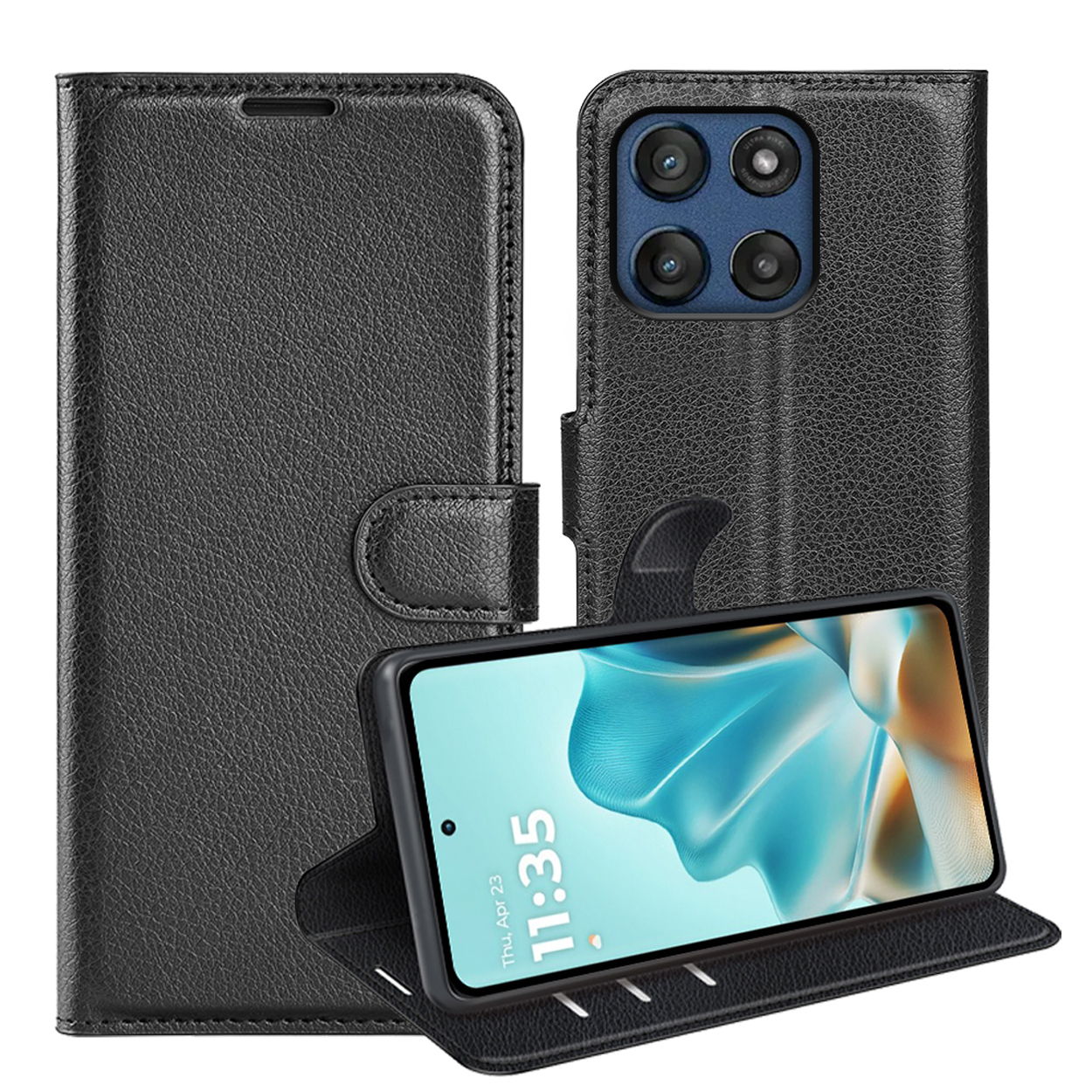 Un étui de téléphone noir, avec un téléphone à l'intérieur, et un étui transparent et un portefeuille.