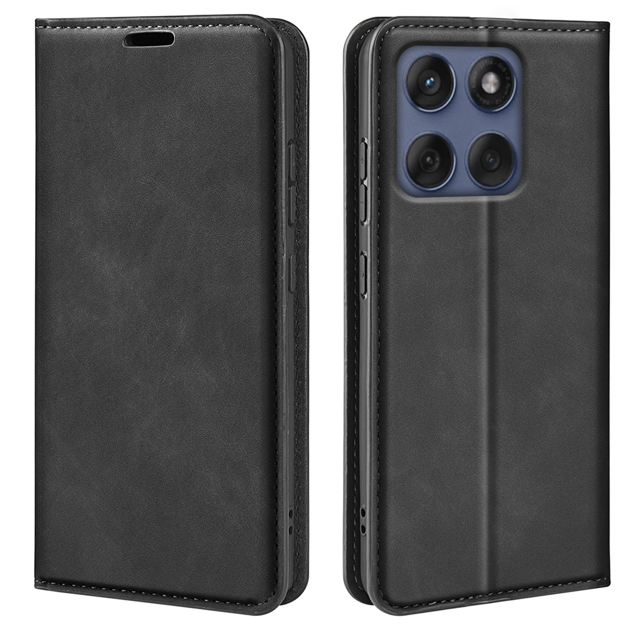 L'étui de téléphone noir fermé présente un design élégant et simple avec une texture semblable au cuir et des découpes précises.