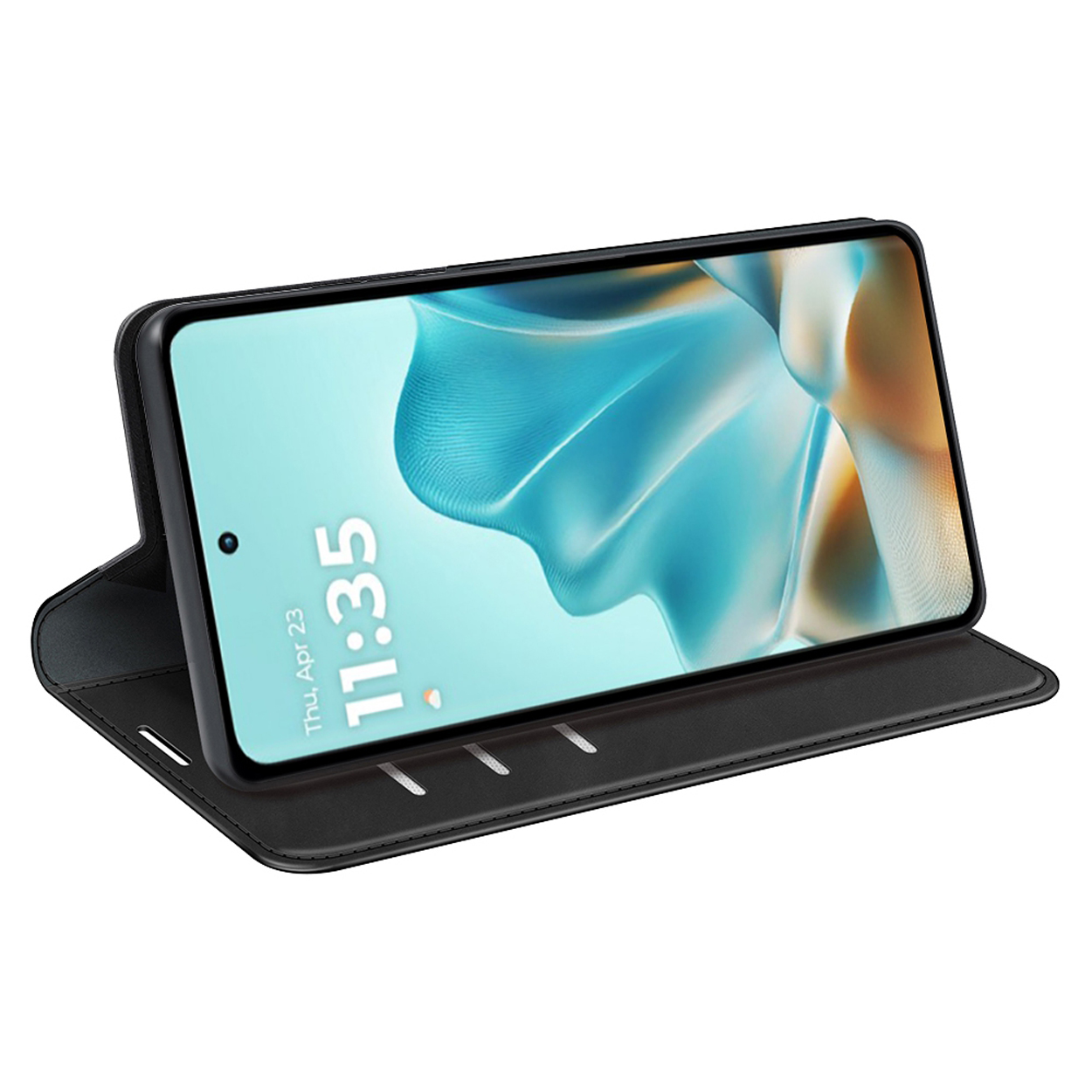 Un étui de téléphone noir avec un téléphone à l'intérieur. L'écran affiche l'heure. L'étui est ouvert.