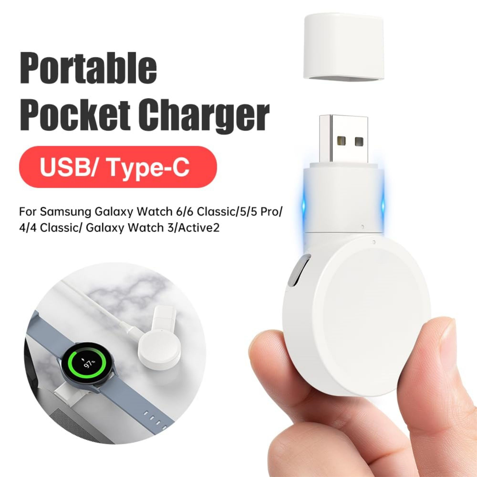 Ein weißes tragbares Ladegerät mit USB-Anschluss. Eine Uhr und ein Ladekabel sind ebenfalls vorhanden.