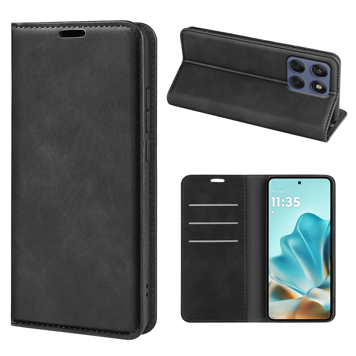 Étui de téléphone noir ouvert, montrant le téléphone à l'intérieur. Il a des fentes pour cartes et peut se plier.