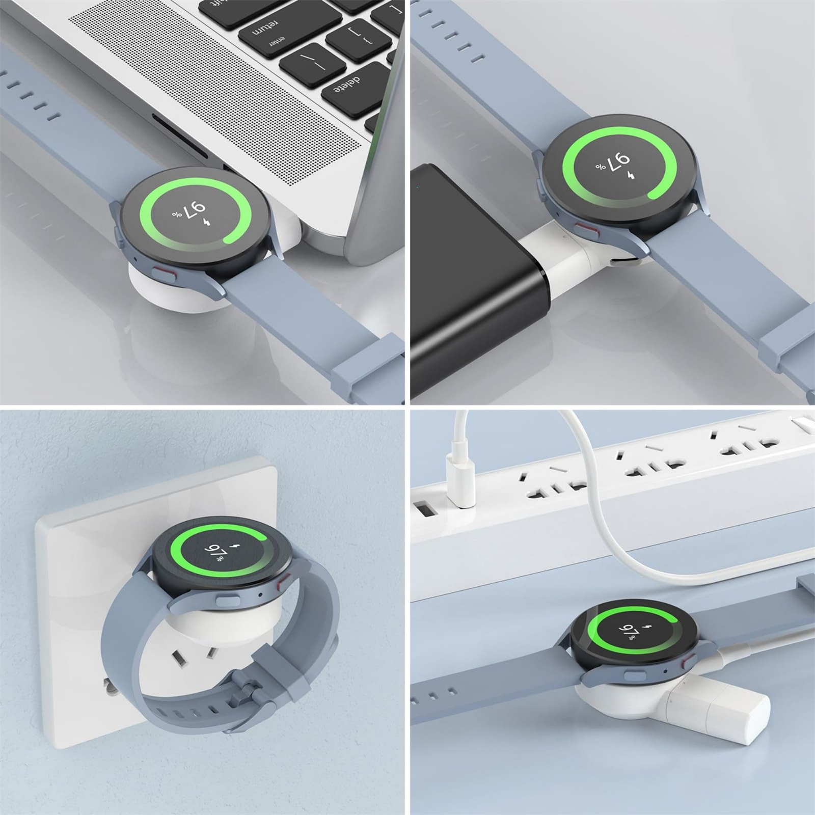 Eine Smartwatch wird an verschiedenen Ladegeräten aufgeladen. Die Uhr zeigt den Ladeprozentsatz an.