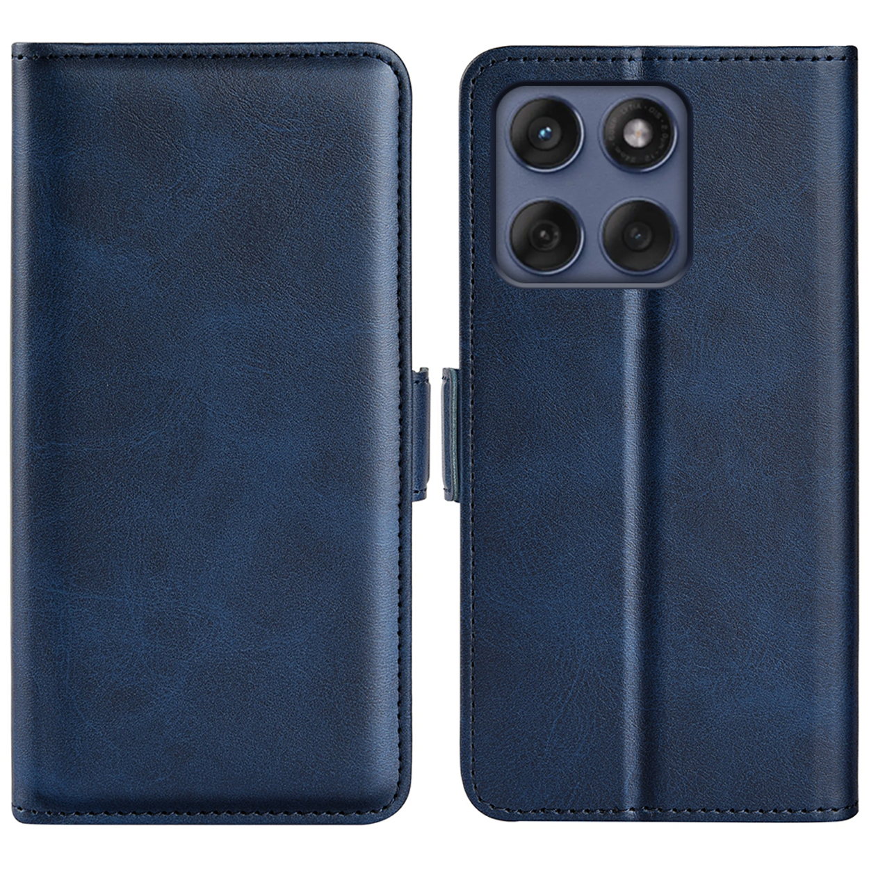 Een blauwe leren telefoonhoes gesloten en open. Het is een folio-achtige hoes.