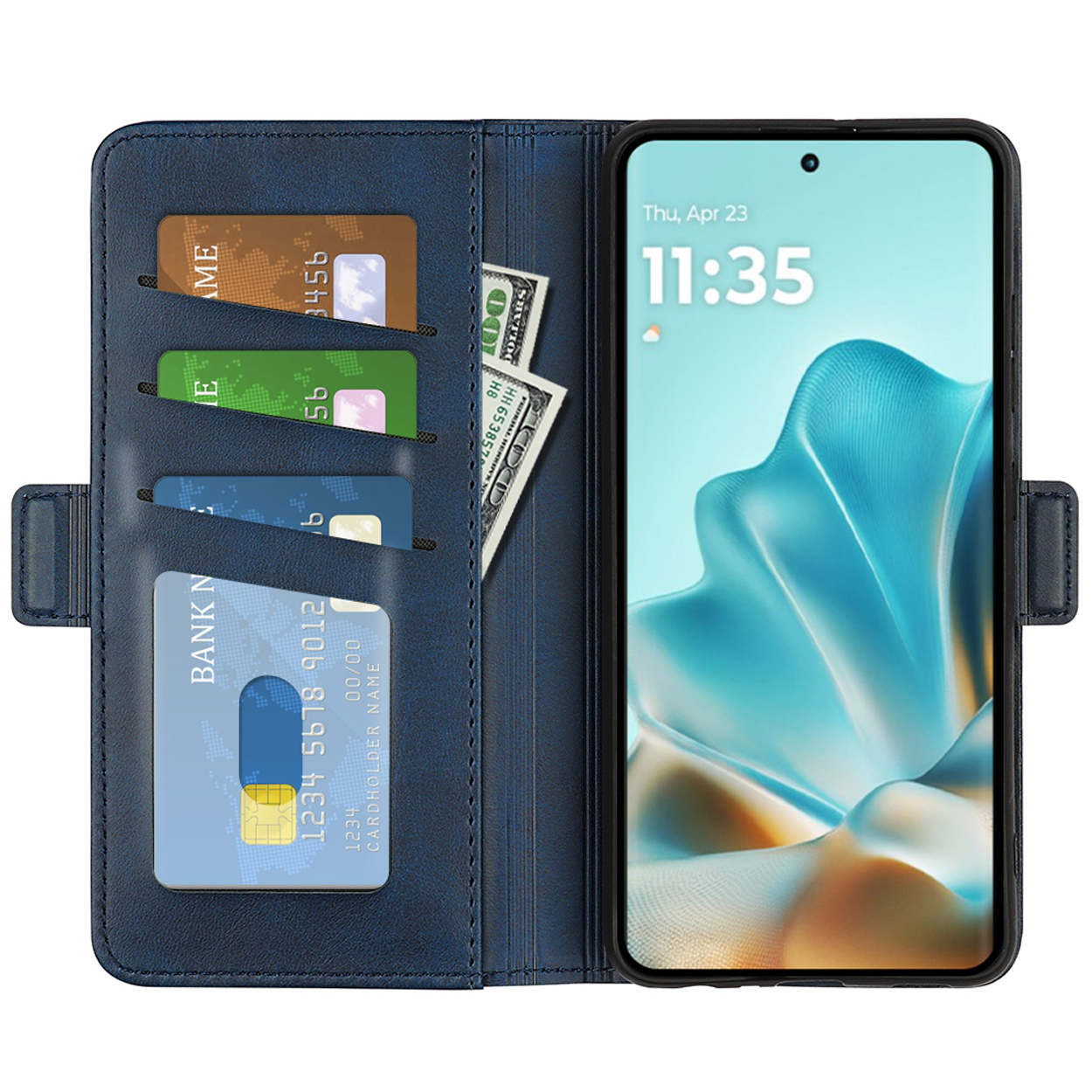 Donkerblauwe telefoonhoes met kaarten, geld en telefoon met een startscherm.