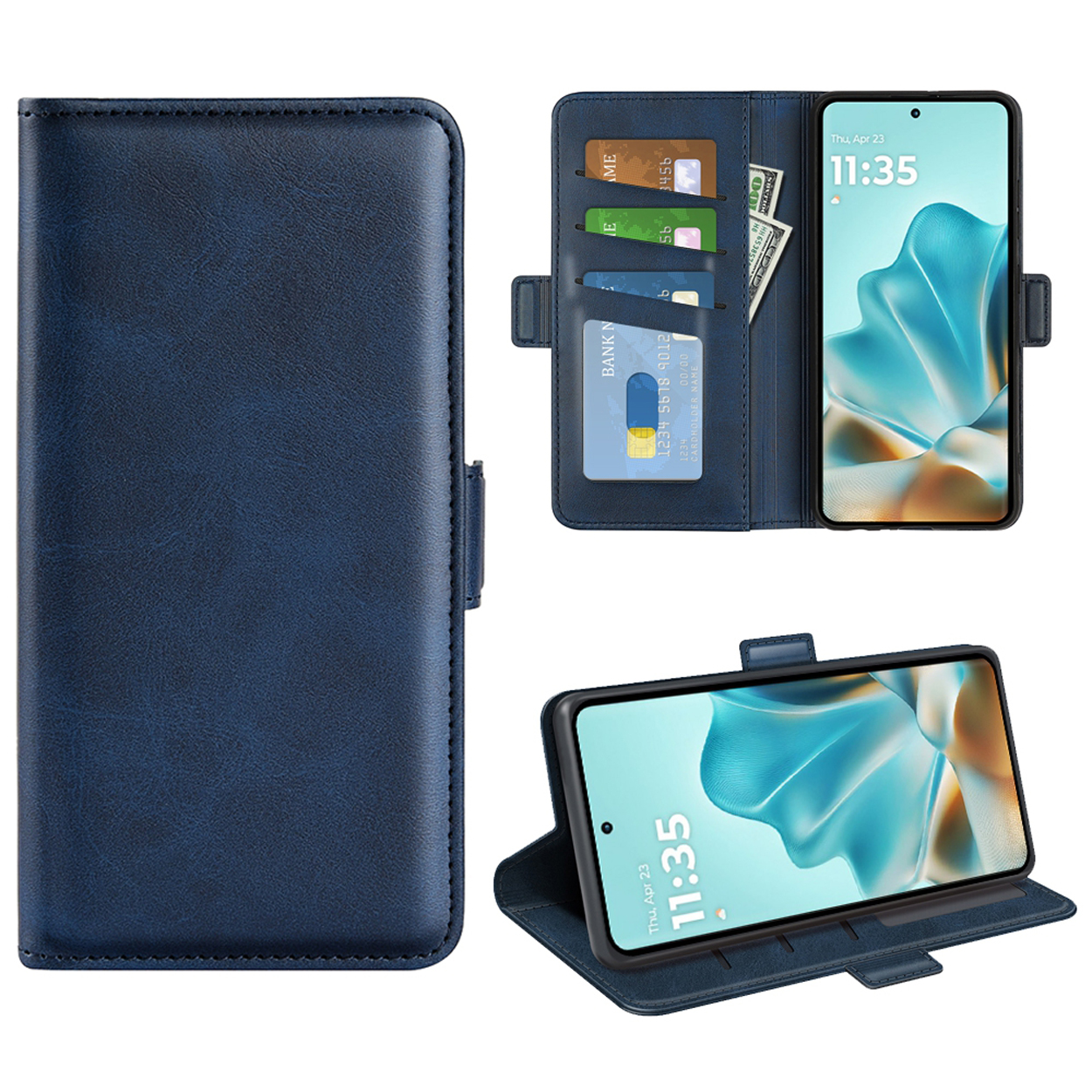 Blauwe telefoonhoes, open en dicht, met telefoon erin. Kaarten en contant geld zichtbaar.