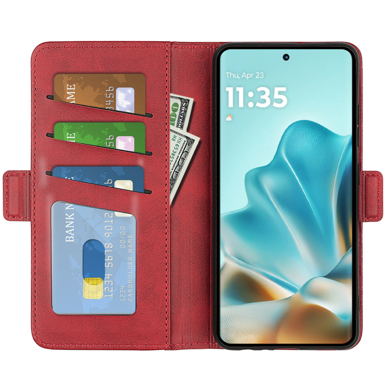 Rode telefoonhoes open, met kaarten, contant geld en een telefoon met scherm.