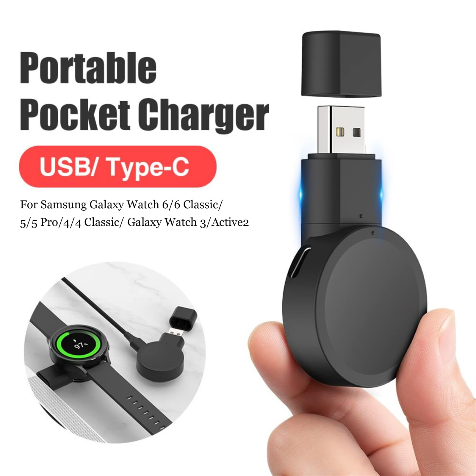Schwarzes tragbares Taschenladegerät mit USB- und Typ-C-Anschlüssen und einer Smartwatch.