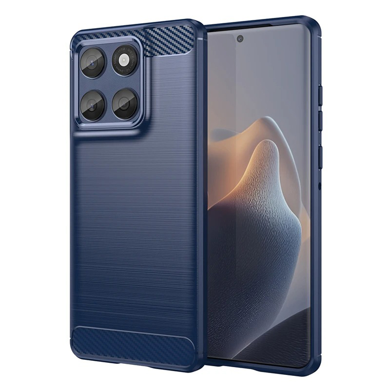 Étui de téléphone bleu foncé avec un téléphone à l'intérieur. L'arrière a un design texturé.