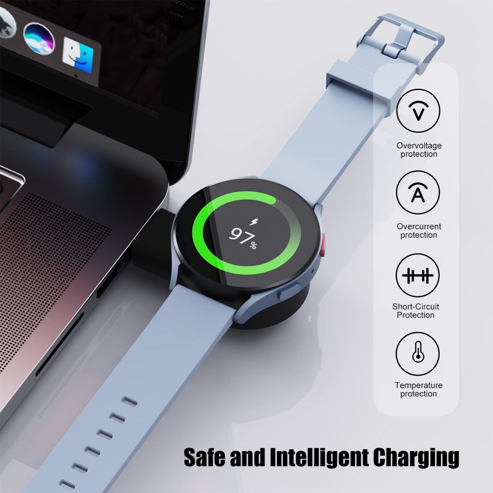 Smartwatch, das auf einem Ladepad geladen wird. Die Uhr zeigt 97 % geladen und Sicherheitssymbole.