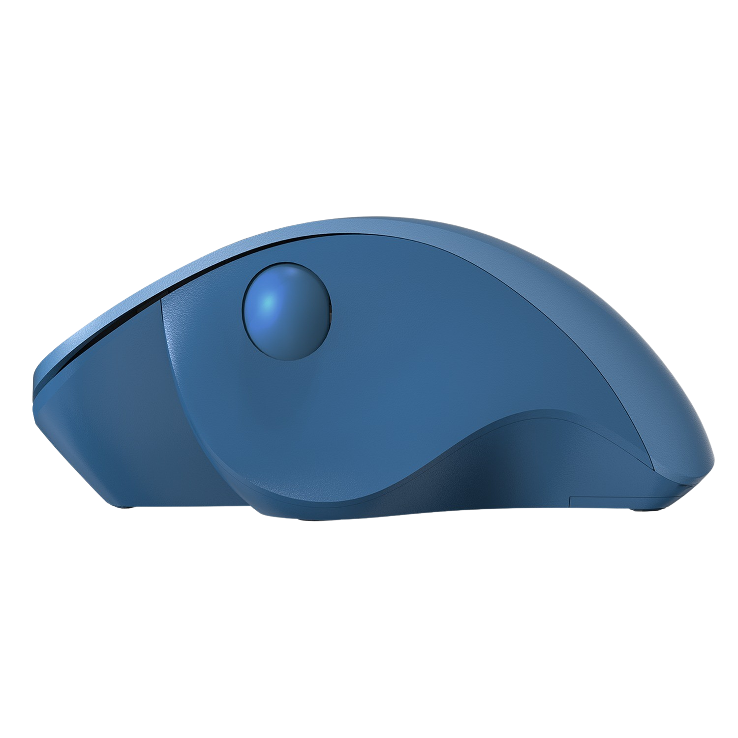 Blue trackball mouse with a blue ball, black background. Side view.