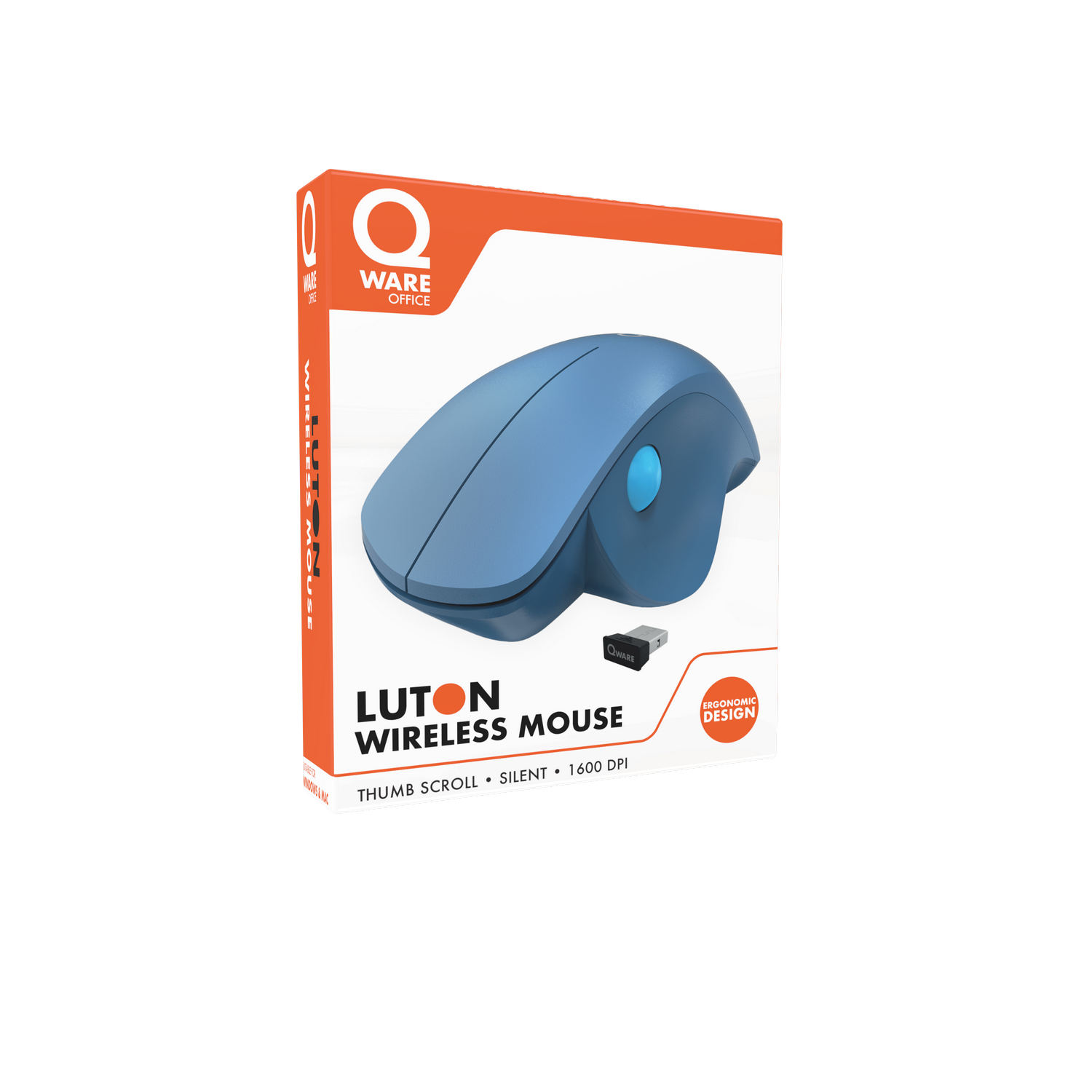 Blue wireless mouse in a box. The box is orange and white and says 'Luton Wireless Mouse'.