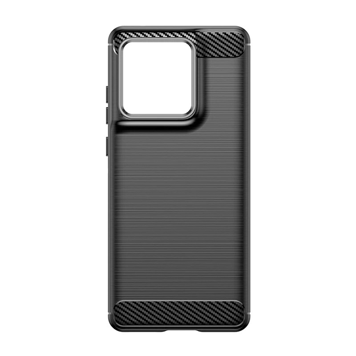 Étui de téléphone noir, montrant une surface texturée avec des détails en fibre de carbone.