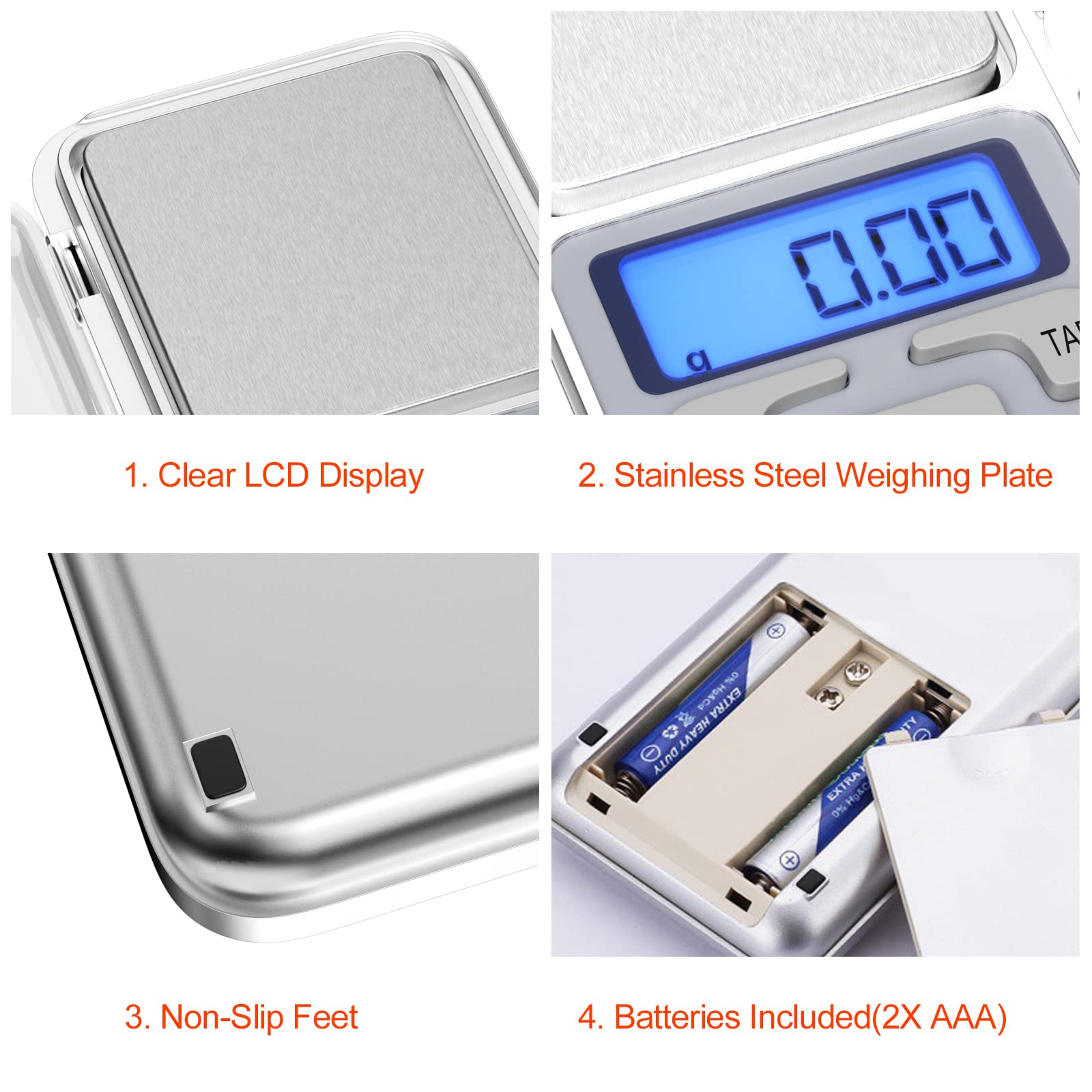 Eine Digitalwaage, die 0,00 anzeigt, mit einem klaren LCD-Display, einer Edelstahlplatte und rutschfesten Füßen. Batterien enthalten.