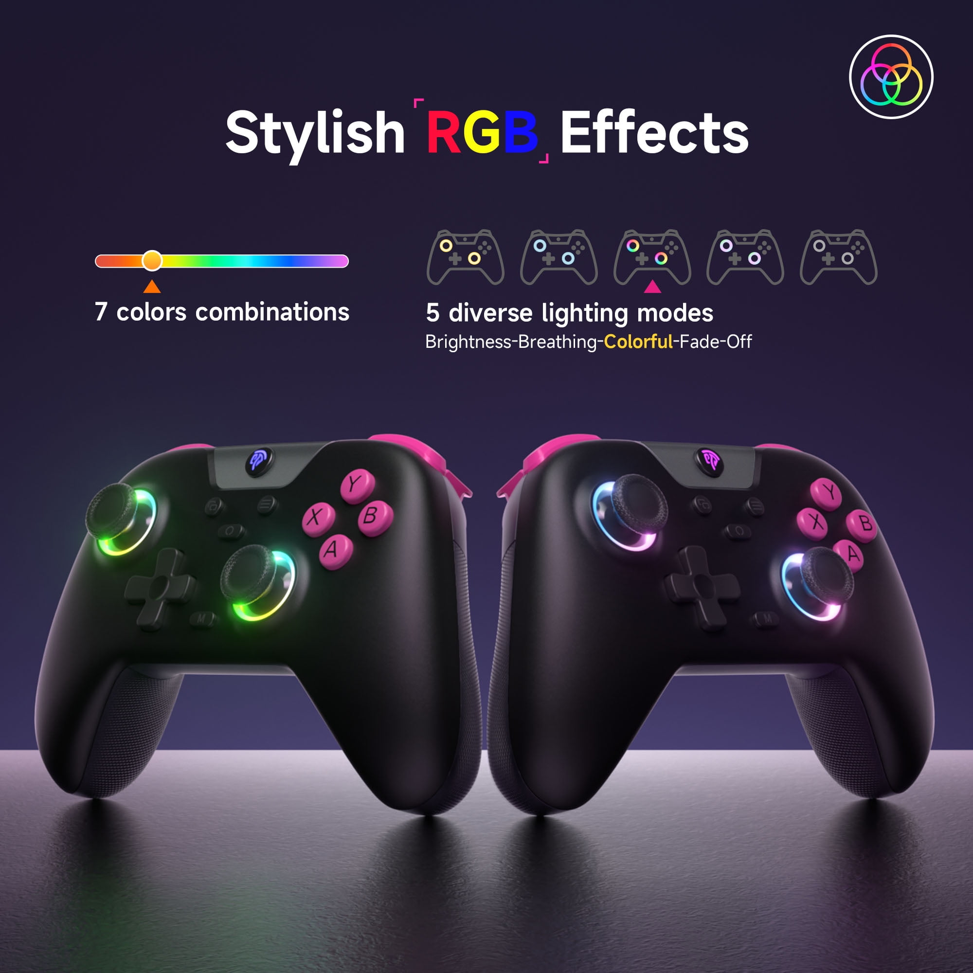 Schwarzes Gamepad mit rosa Akzenten, stilvollen RGB-Effekten, 7 Farbkombinationen und 5 Beleuchtungsmodi.