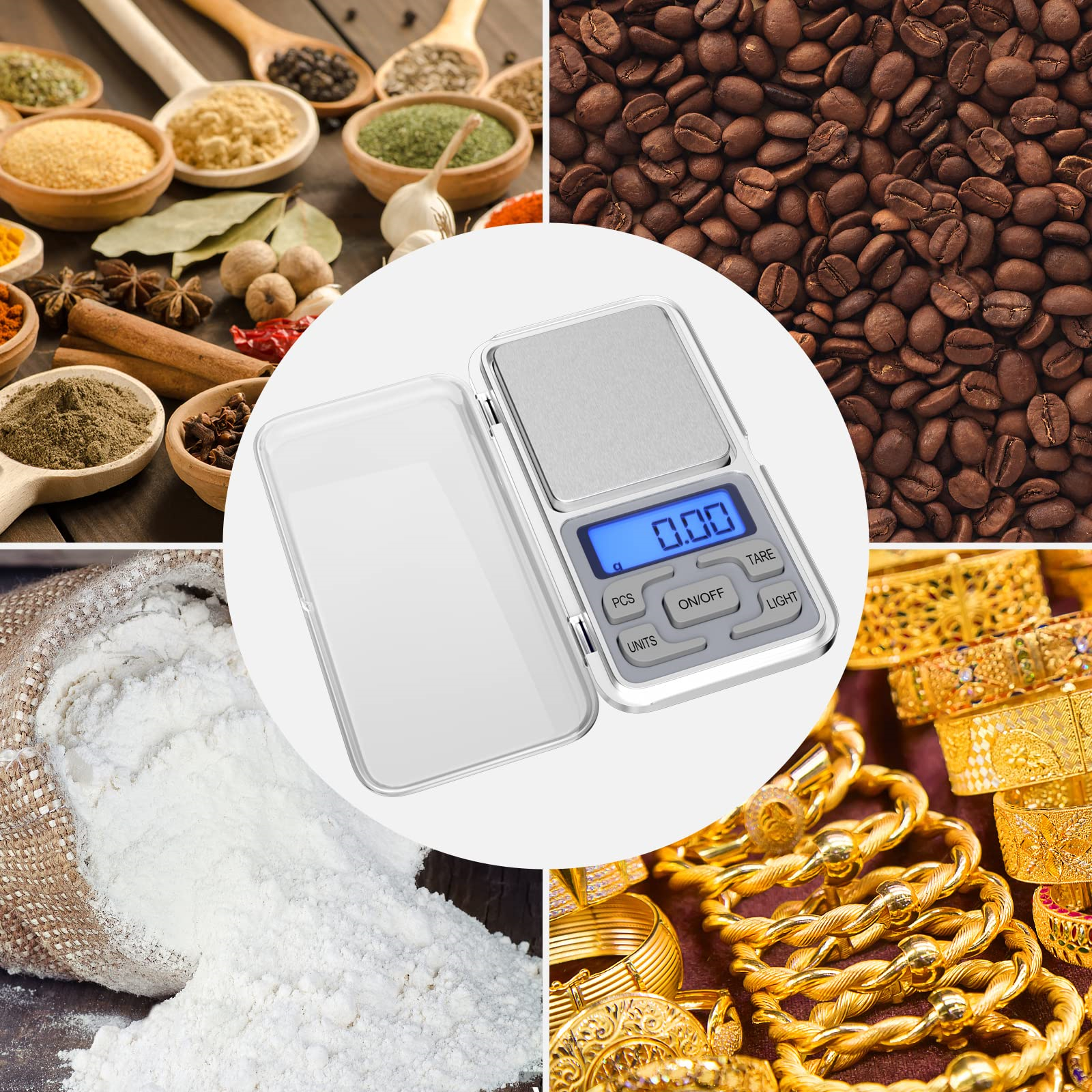 Eine Digitalwaage, Gewürze in Holzschalen, Kaffeebohnen, Mehl im Sack und Goldschmuck.