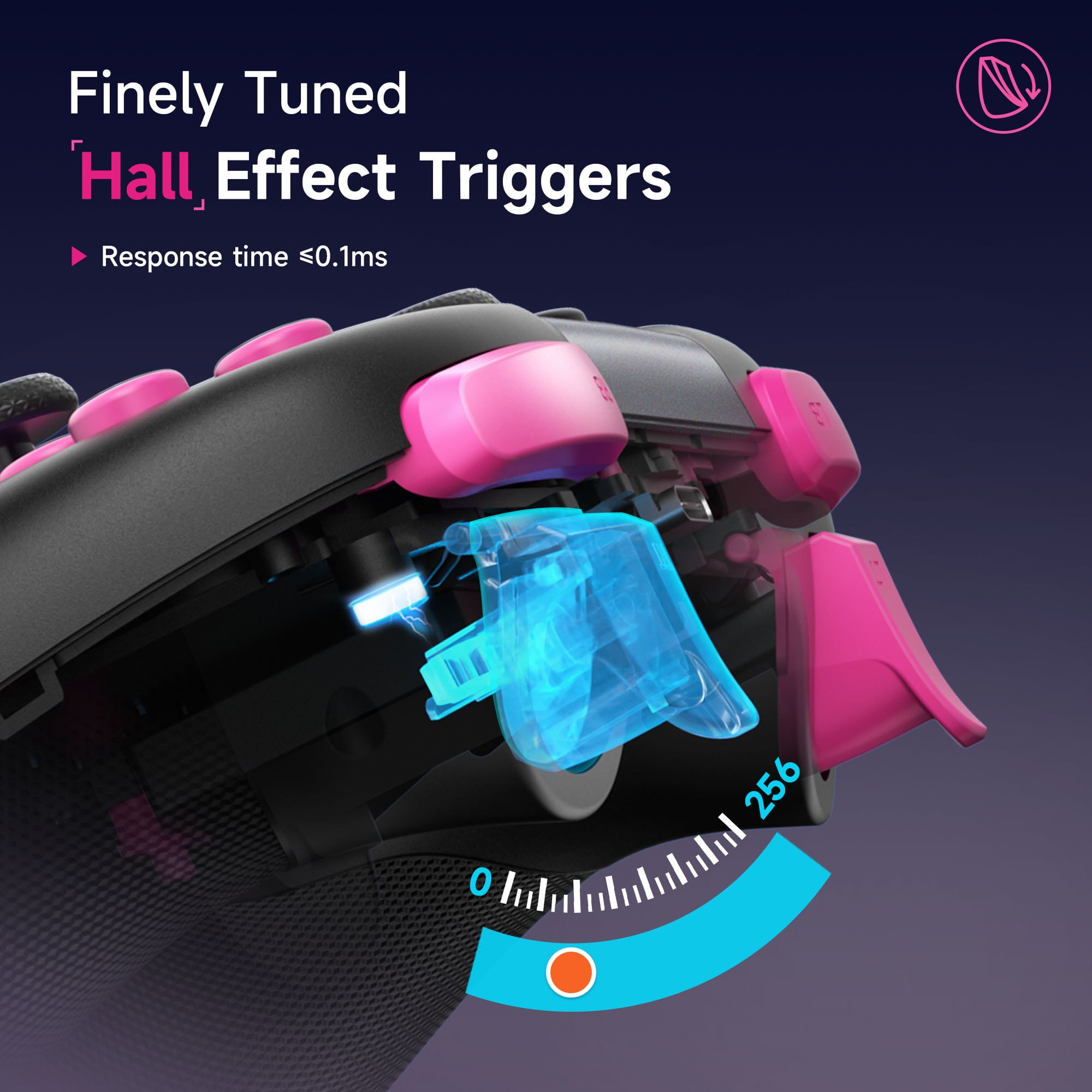 Nahaufnahme eines schwarzen Gamecontroller-Auslösers mit pinken Akzenten.