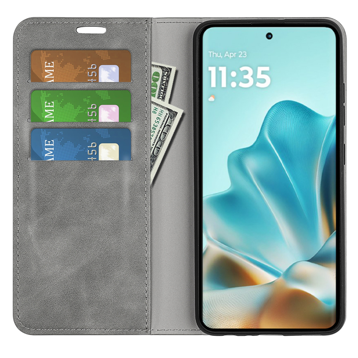 Grijze leren telefoonhoes met kaartsleuven en geld. Telefoon toont datum, tijd en bloemmotief.