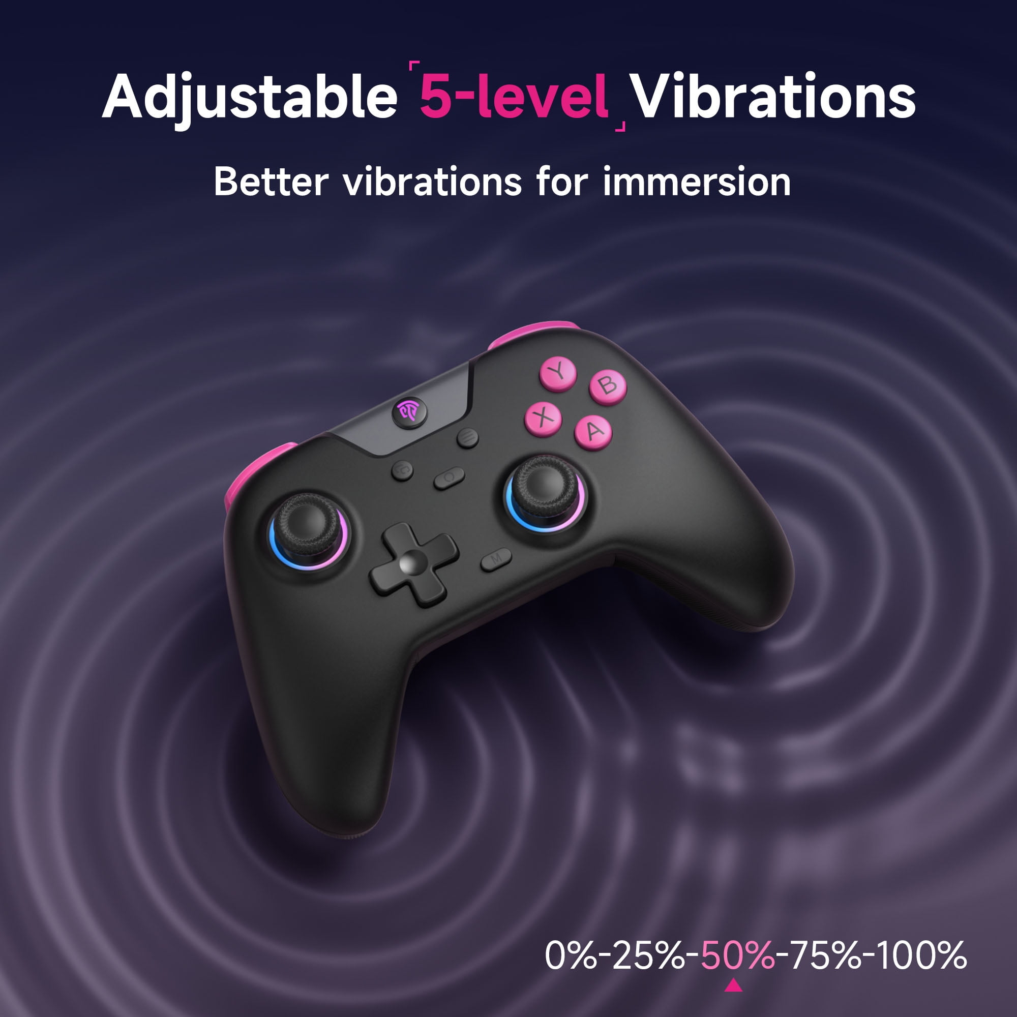 Schwarzer Gamecontroller mit rosa Knöpfen und blauen Akzenten auf lila Hintergrund mit Vibrationsstufen.