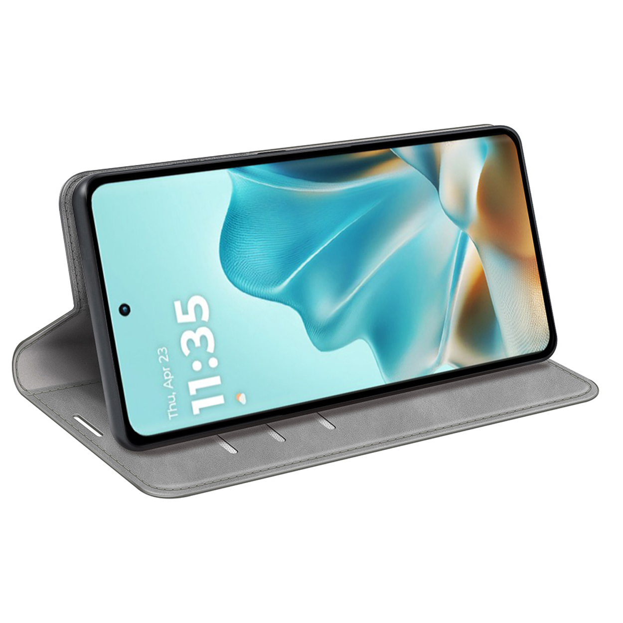 Smartphone met tijd (11:35) in een grijze folio-hoes, open. Achtergrond toont een vloeiend ontwerp.