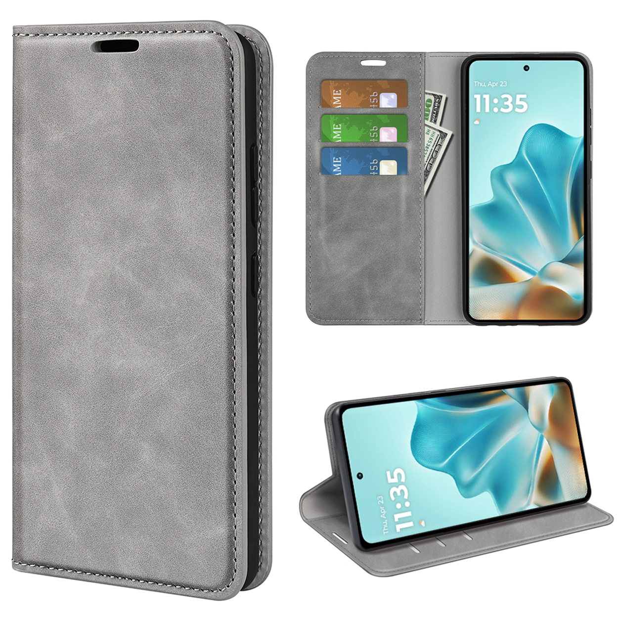 Smartphone in een grijze folio-hoes, open. Toont tijd (11:35) en kaartsleuven. Extra telefoonweergaven.