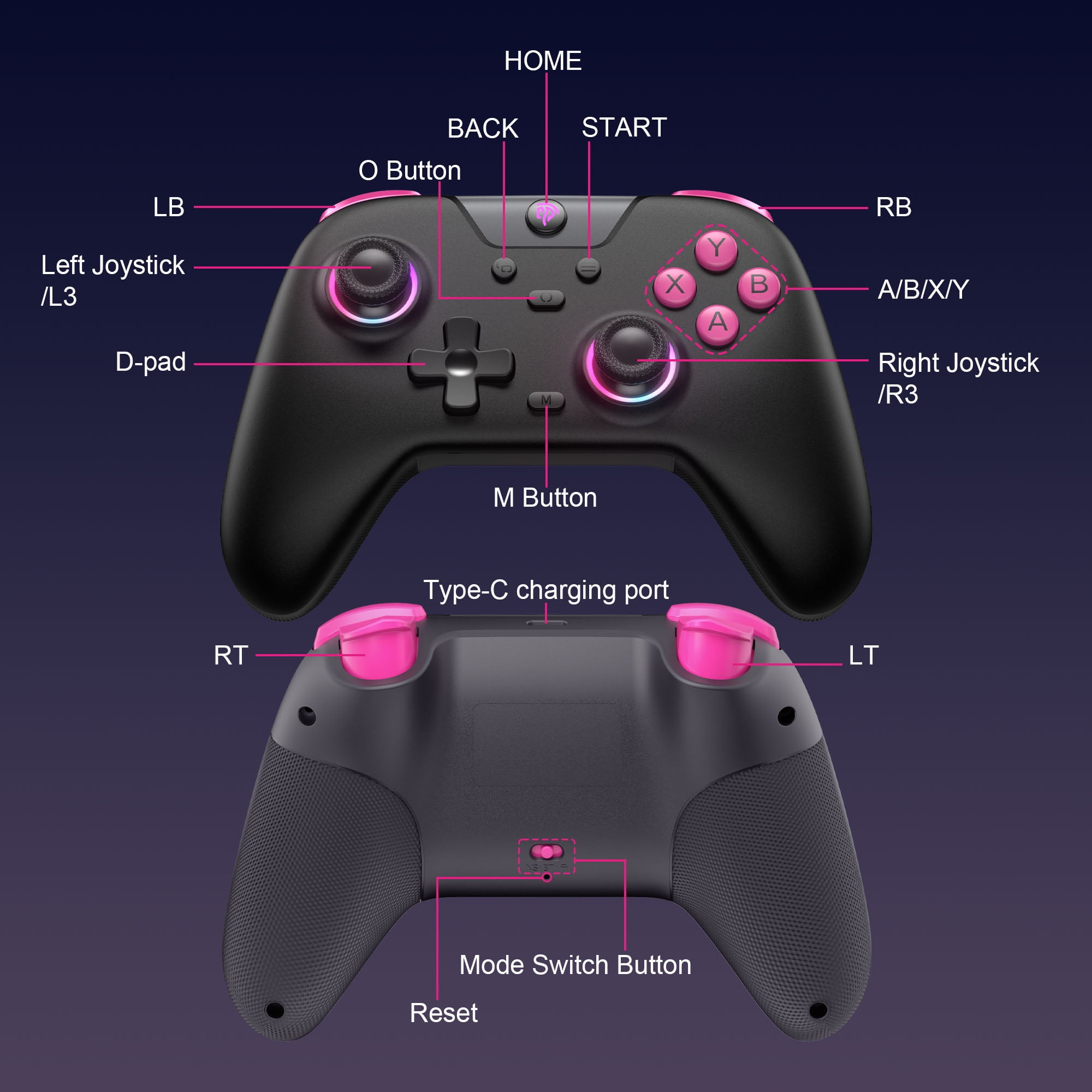 Schwarzes Gamepad mit Tasten und Bedienelementen, einschließlich Joysticks, D-Pad und verschiedenen Funktionstasten.
