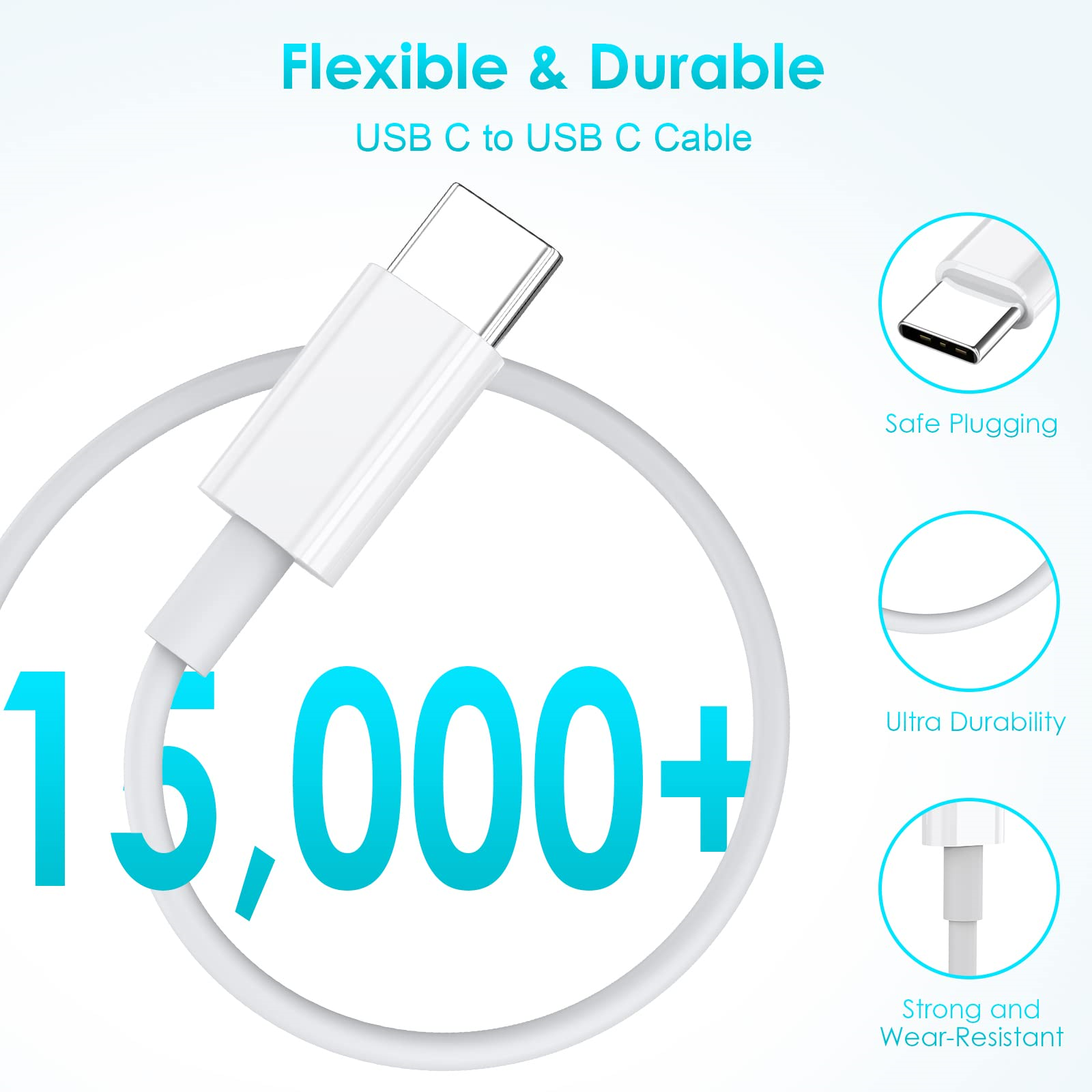 Weißes USB-C-zu-USB-C-Kabel mit großem 15.000+ Text, sicheres Einstecken, extreme Haltbarkeit und starker Widerstand.