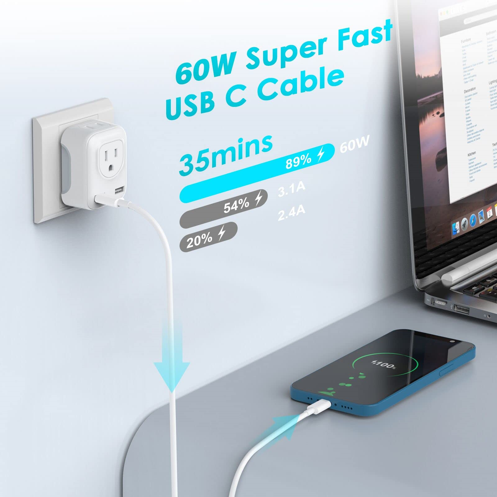 Ein weißer Wandstecker mit USB-C-Kabel, das ein blaues Telefon auflädt. Text deutet auf schnelles Laden hin.