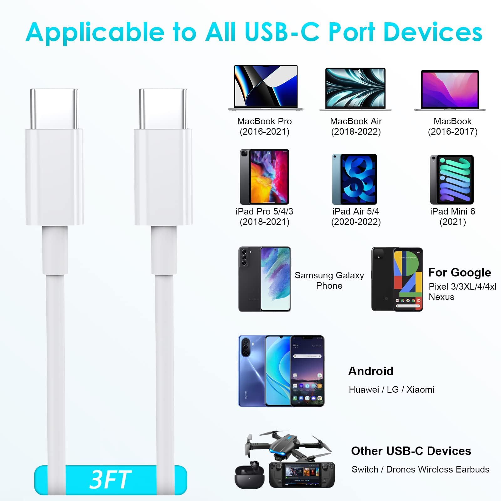 USB-C-Kabel und Geräte. Kompatibel mit Macbook Pro, Air und verschiedenen Android-Telefonen.