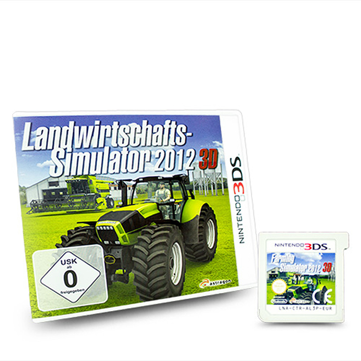 Farming Simulator 2012 3D Spielbox und Patrone, mit einem Traktor auf einem Bauernhof.