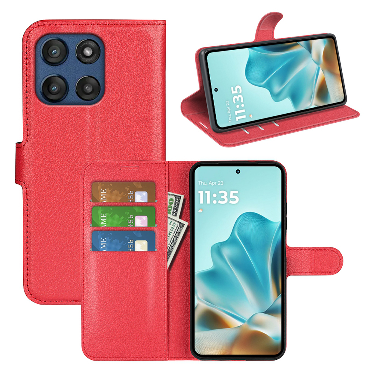 Étui de téléphone en cuir rouge. Comprend des fentes pour cartes, un téléphone et de l'argent.