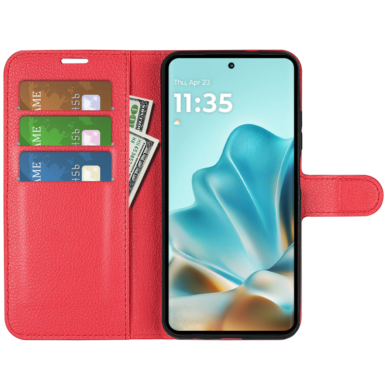 Étui de téléphone en cuir rouge ouvert, montrant cartes, billet et écran du téléphone.