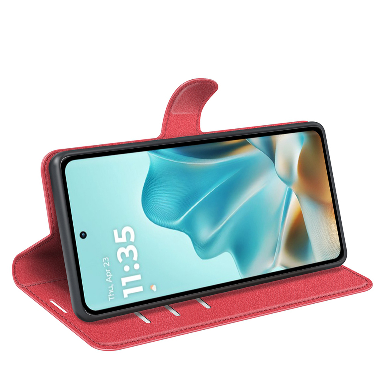 Un étui de téléphone rouge ouvert, montrant un écran de téléphone avec l'heure '11:35'.