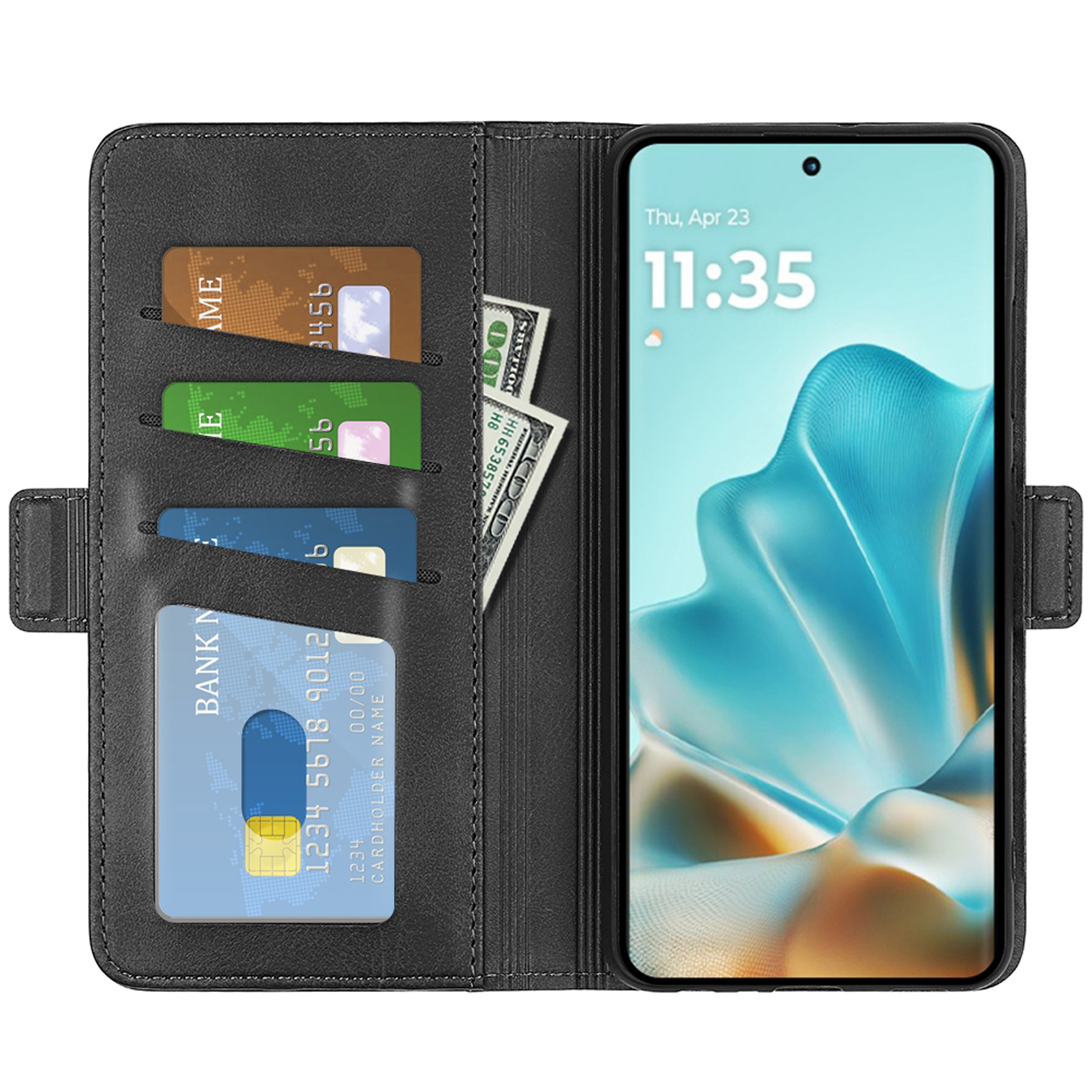 Zwarte telefoonhoes, open, met een telefoon die de datum en tijd toont, en kaartsleuven en geld.