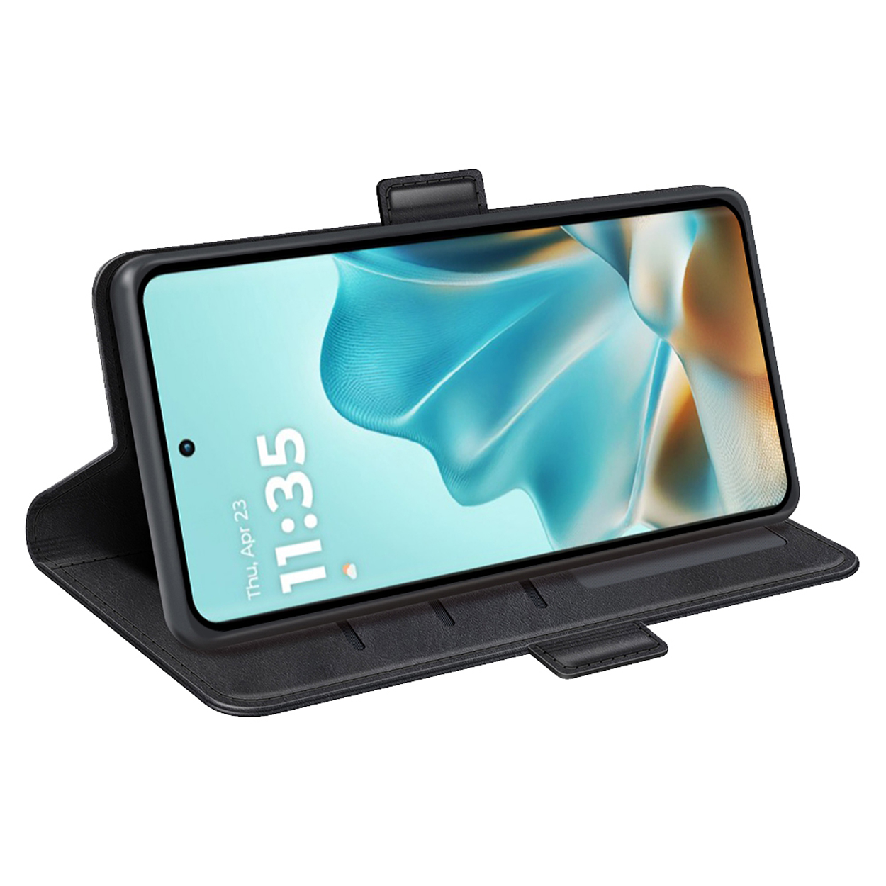 Zwarte telefoonhoes met een telefoon erin. Toont een telefoonscherm met de tijd.